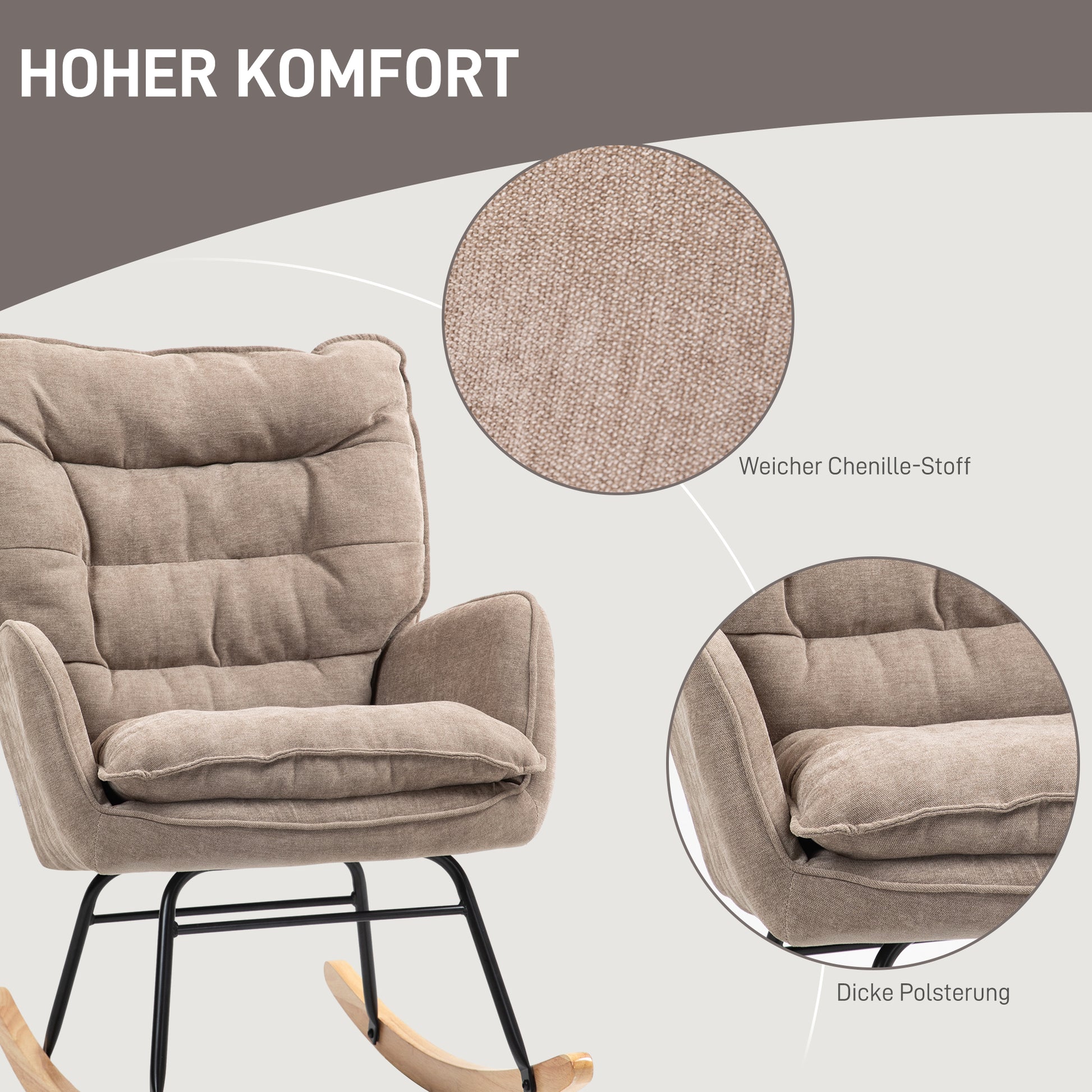 Rocking Chair Rocker Armchair, Nursing Chair with Chenille Look, Rocking Chair up to 120 kg Weight Capacity for Bedroom, Living Room, Brown