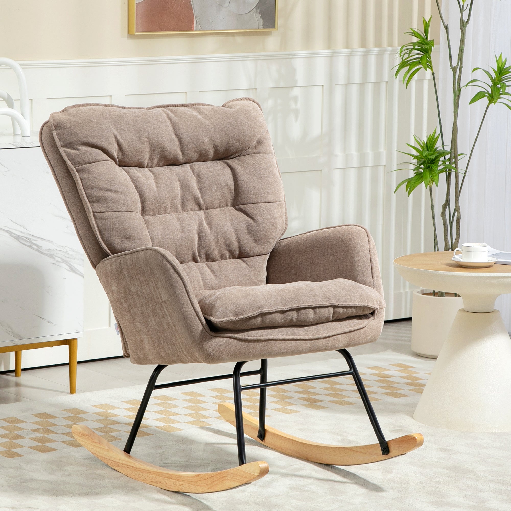 Rocking Chair Rocker Armchair, Nursing Chair with Chenille Look, Rocking Chair up to 120 kg Weight Capacity for Bedroom, Living Room, Brown