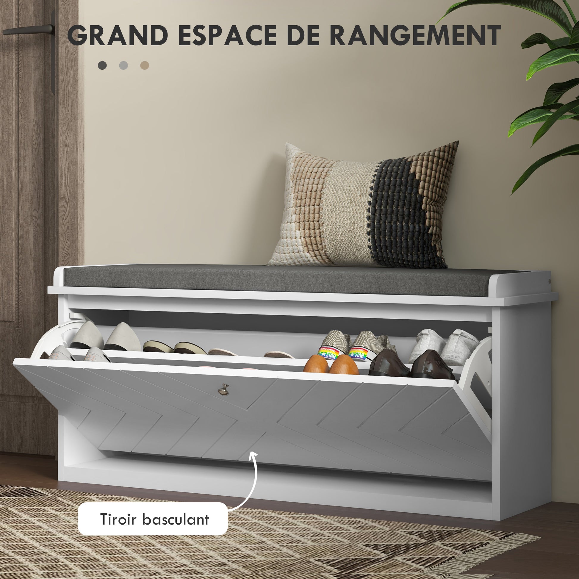 Shoe Bench Shoe Storage, Entryway Furniture with Folding Drawer, Seat Cushion and Adjustable Shelf, for Hallway, Entry, Bedroom, 100 x 26 x 44.5 cm, White