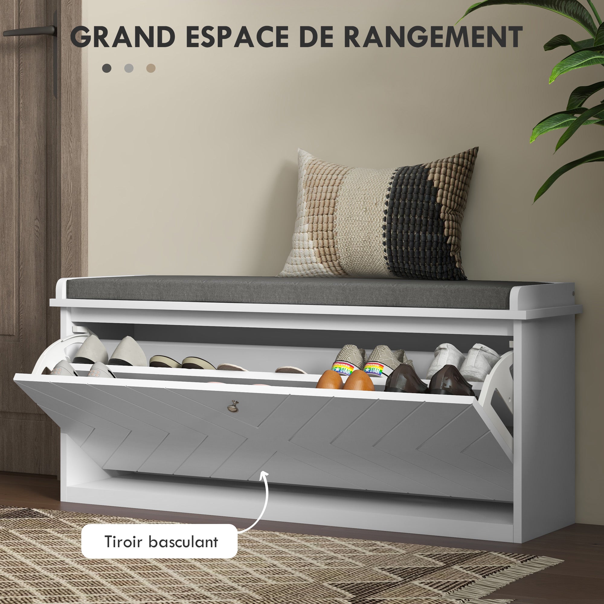 Shoe Bench Shoe Storage, Entryway Furniture with Folding Drawer, Seat Cushion and Adjustable Shelf, for Hallway, Entry, Bedroom, 100 x 26 x 44.5 cm, White