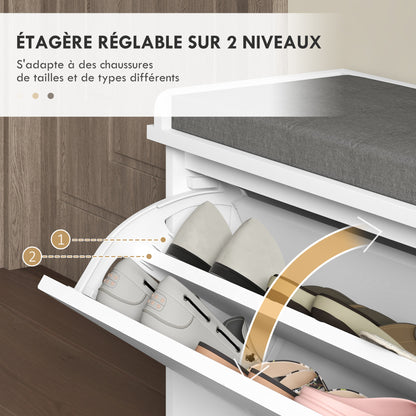 Shoe Bench Shoe Storage, Entryway Furniture with Folding Drawer, Seat Cushion and Adjustable Shelf, for Hallway, Entry, Bedroom, 100 x 26 x 44.5 cm, White