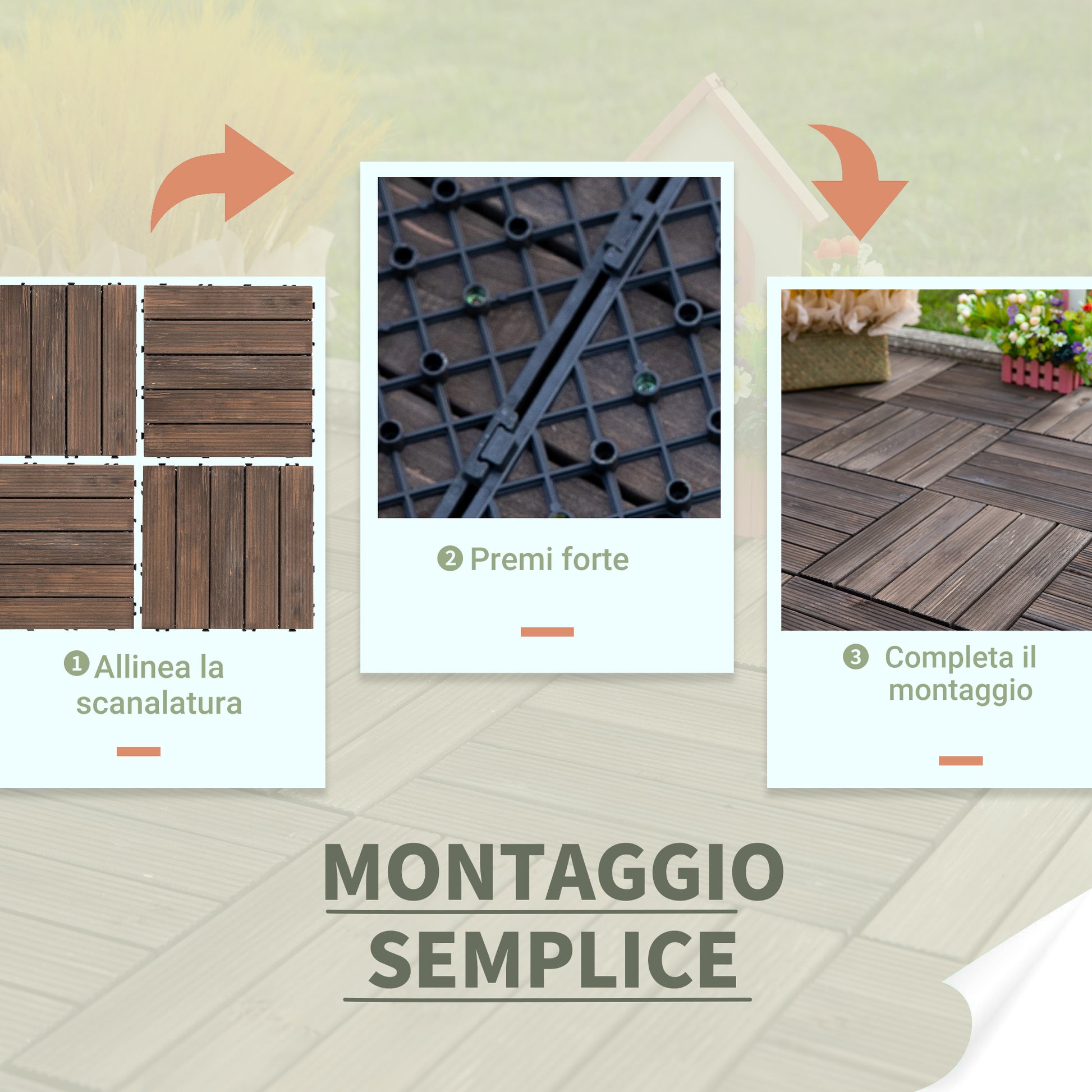 Outdoor Wooden Garden Tiles, Set of 27 Pieces, 2.5m², Interlocking Assembly, 30x30cm, Black