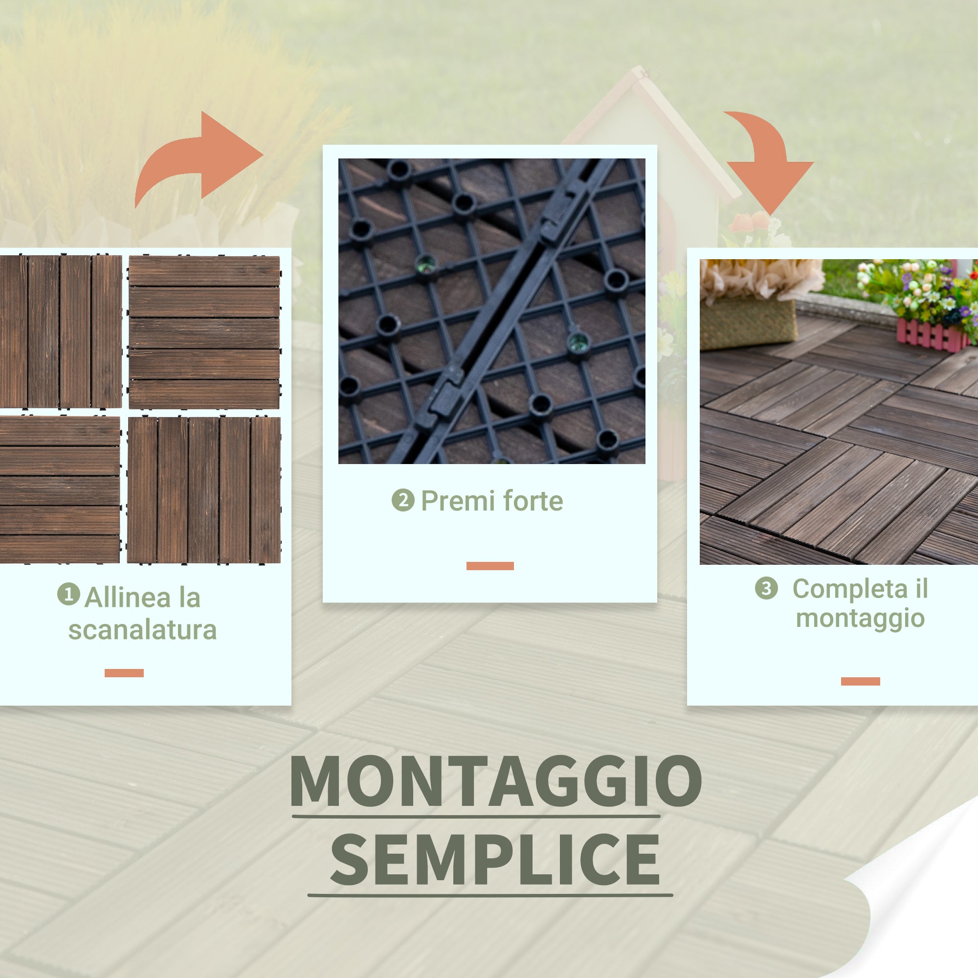 Outdoor Wooden Garden Tiles, Set of 27 Pieces, 2.5m², Interlocking Assembly, 30x30cm, Black