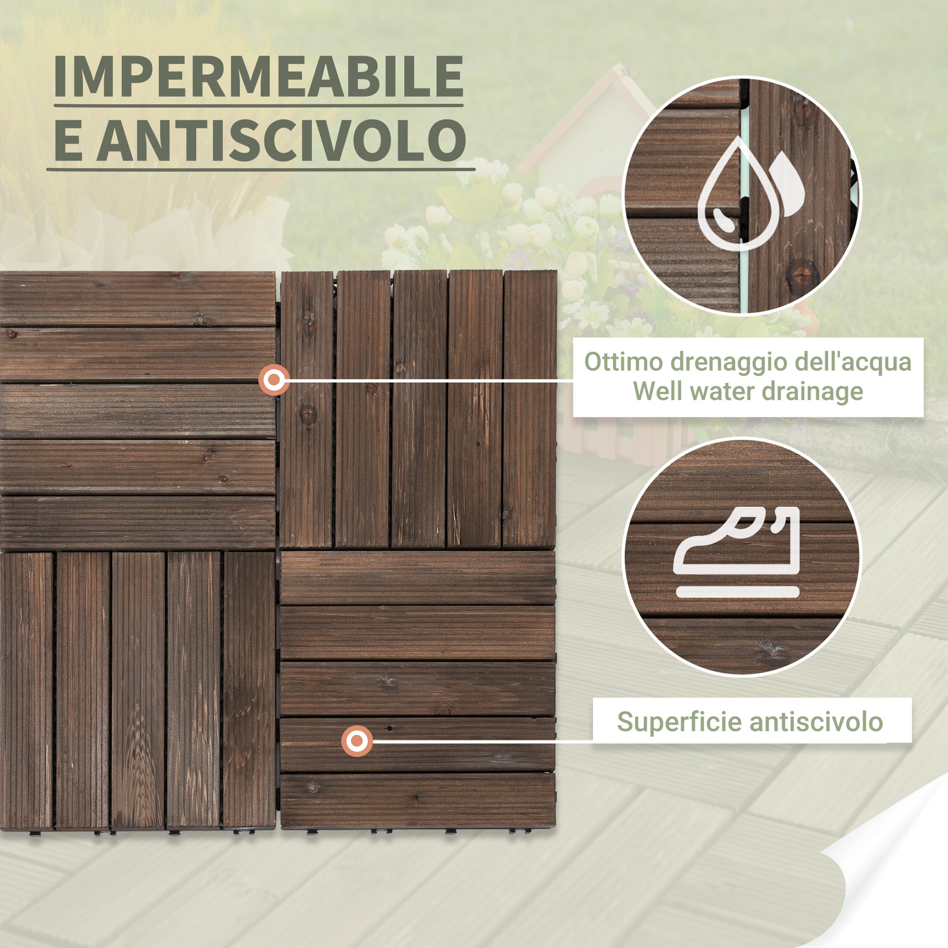 Outdoor Wooden Garden Tiles, Set of 27 Pieces, 2.5m², Interlocking Assembly, 30x30cm, Black