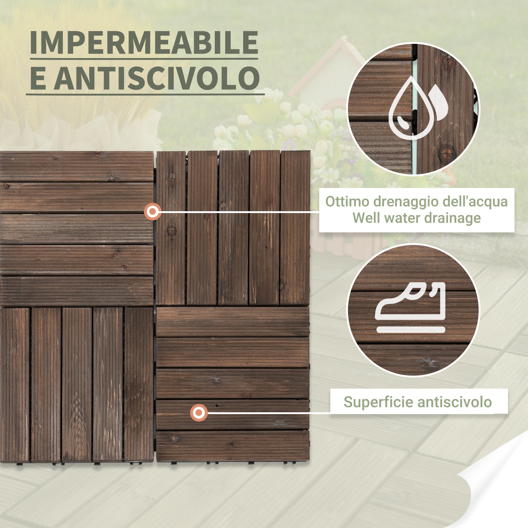 Outdoor Wooden Garden Tiles, Set of 27 Pieces, 2.5m², Interlocking Assembly, 30x30cm, Black
