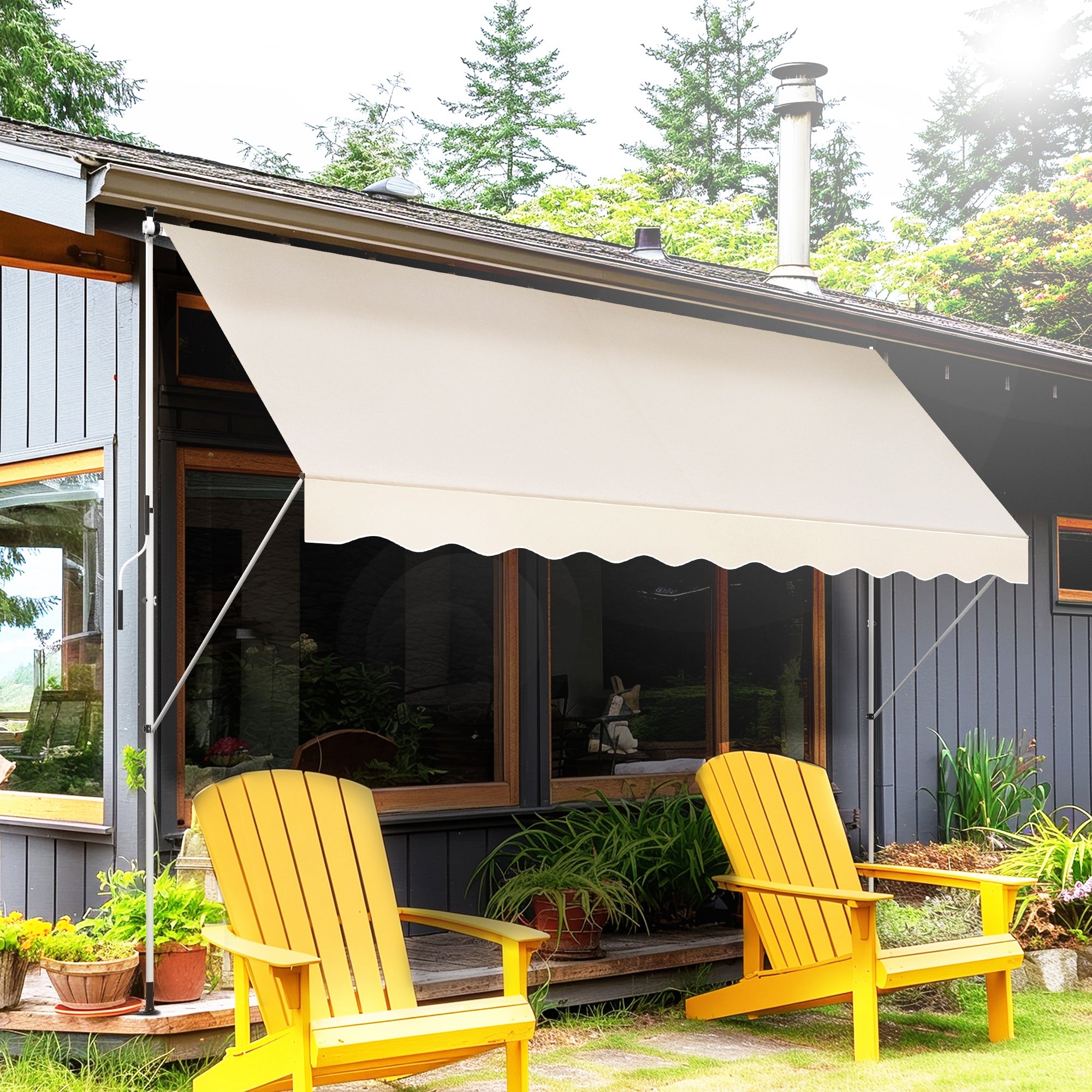 Retractable Manual Awning 4x1.2 m Outdoor Terrace Roll-Up Awning Adjustable Height with Crank 170-280 cm No Drill for Balcony Garden Beige