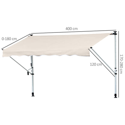 Retractable Manual Awning 4x1.2 m Outdoor Terrace Roll-Up Awning Adjustable Height with Crank 170-280 cm No Drill for Balcony Garden Beige