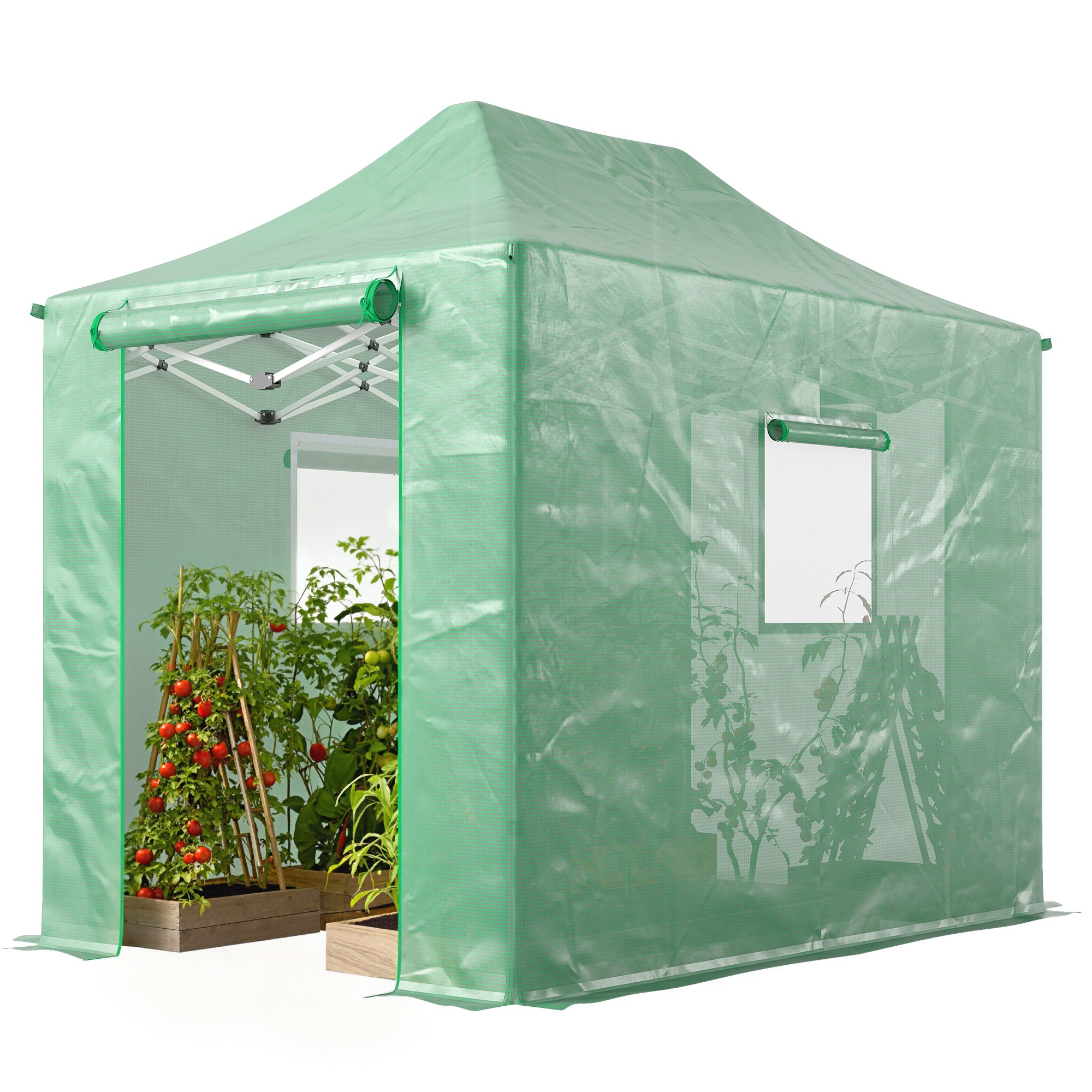 Foldable Pop-Up Greenhouse, 295×200×270 cm (PE Polytunnel) with Gable Roof, Roll-Up Zip Doors & Mesh Windows, Sturdy Metal Frame — Green
