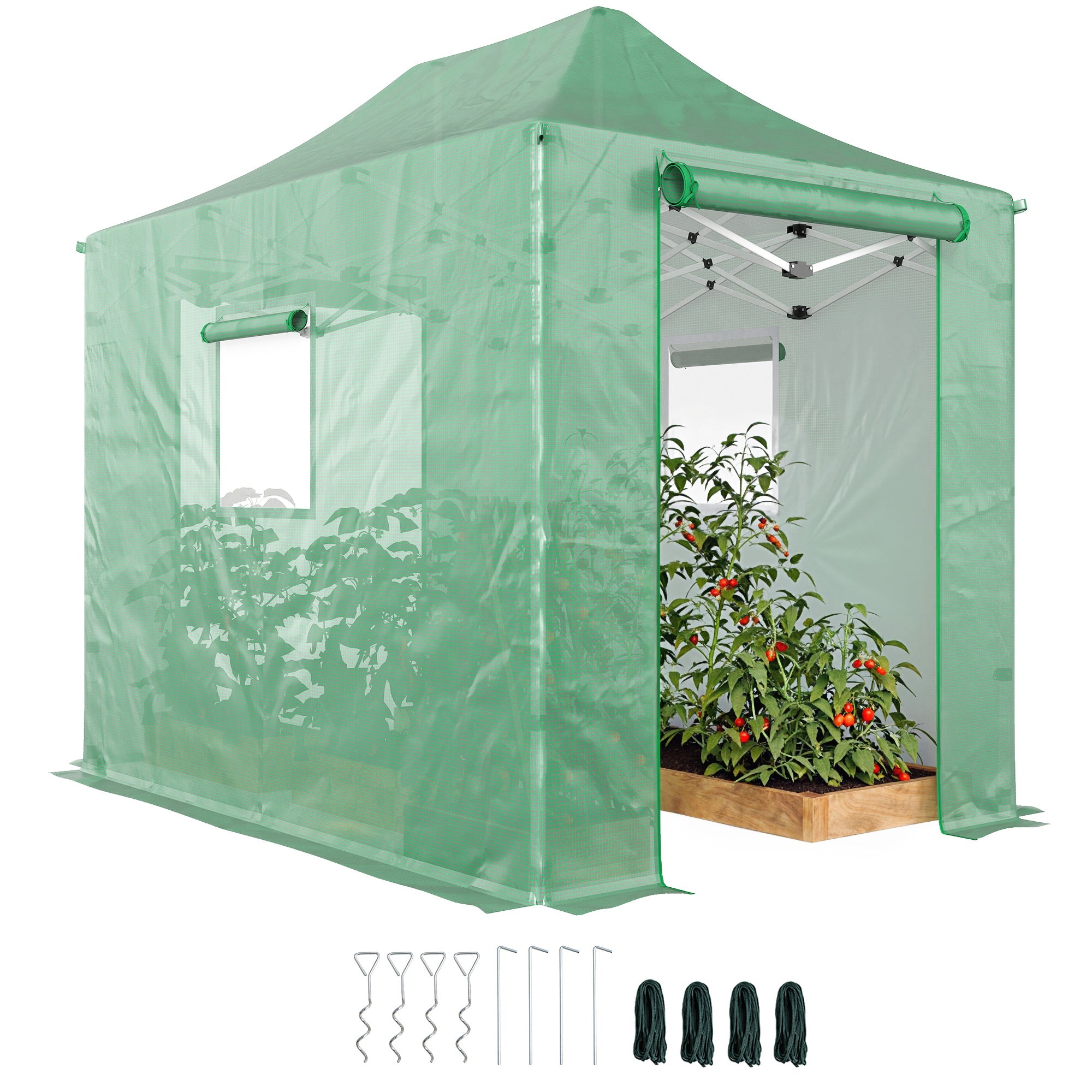 Foldable Pop-Up Greenhouse, 295×200×270 cm (PE Polytunnel) with Gable Roof, Roll-Up Zip Doors & Mesh Windows, Sturdy Metal Frame — Green