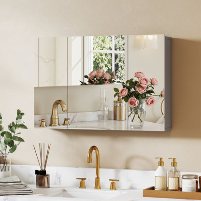3-Door Wall-Mounted Bathroom Mirror Cabinet with Adjustable Shelves and Soft-Close Hinges — Gray, 35.4 x 5.9 x 23.6 in