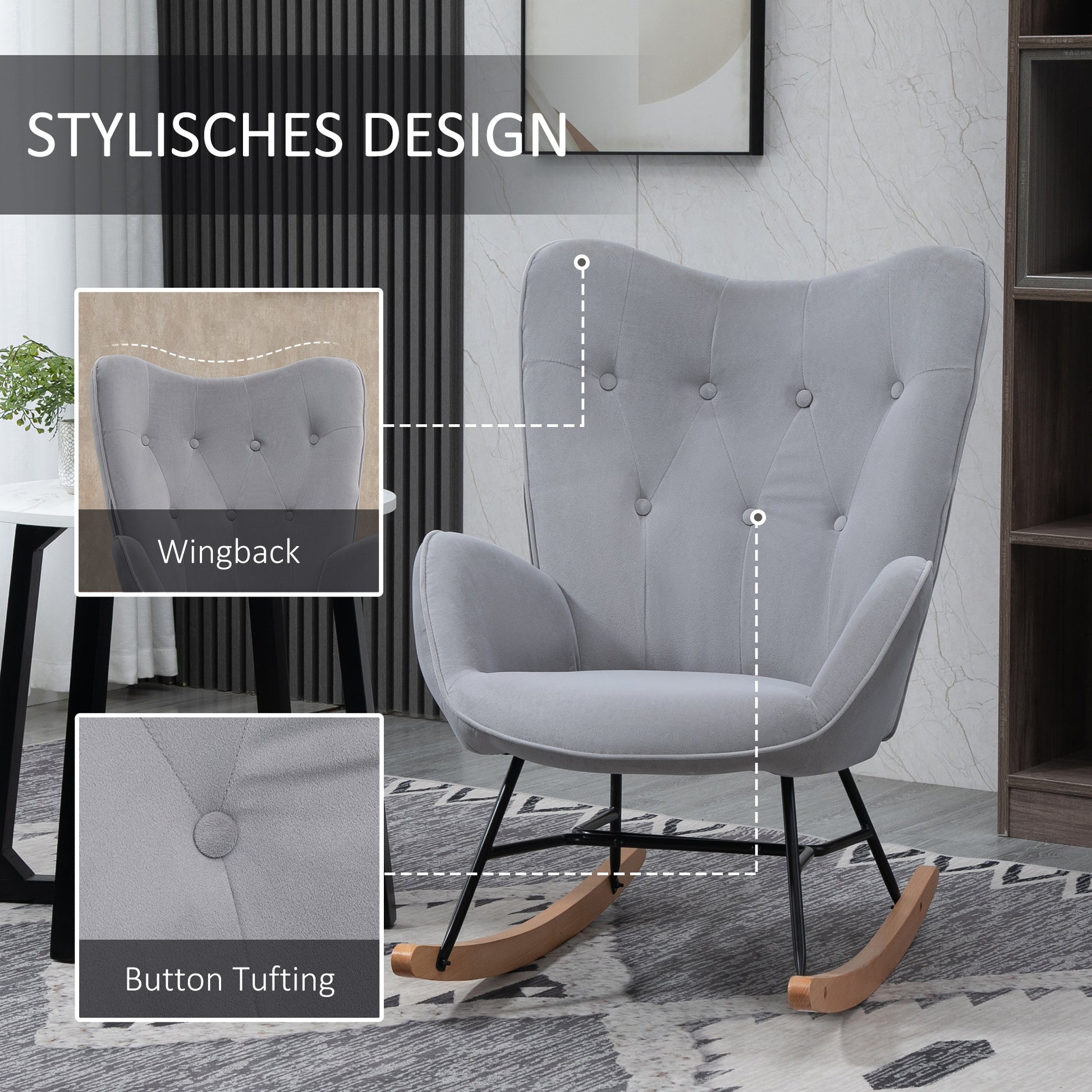 Rocking Chair, Ergonomic Rocking Chair, Armchair, Nursing Chair with Velvet Look, Rocking Chair with a Load Capacity of 150 kg, for Bedroom, Living Room, Light Grey