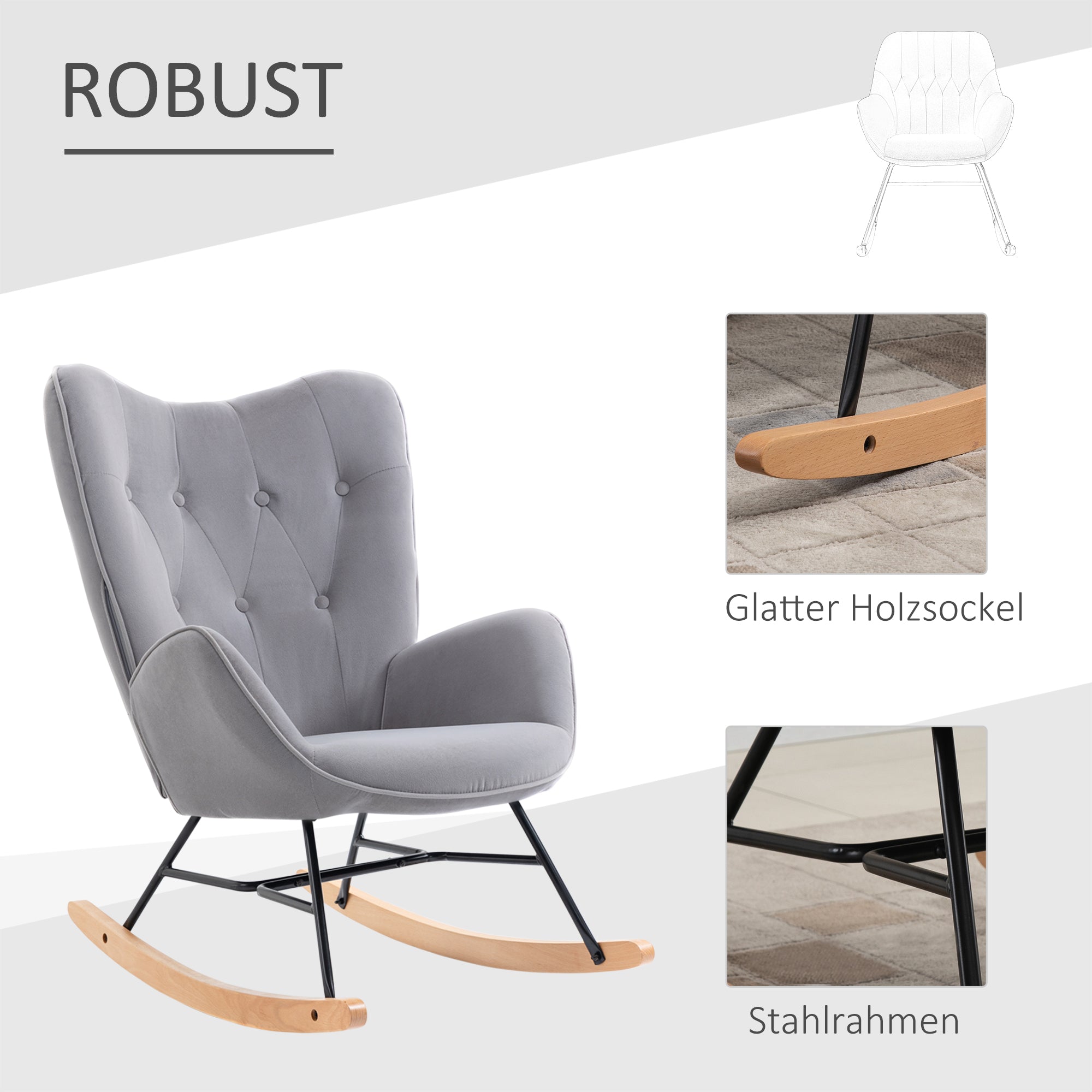 Rocking Chair, Ergonomic Rocking Chair, Armchair, Nursing Chair with Velvet Look, Rocking Chair with a Load Capacity of 150 kg, for Bedroom, Living Room, Light Grey