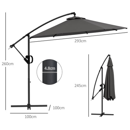 Ø293 cm Cantilever Umbrella with Cross Base, Sun Umbrella with Crank, Tilt, and 8 Ribs, Hanging Patio Umbrella for Outdoor Pool, Garden, Balcony, Gray