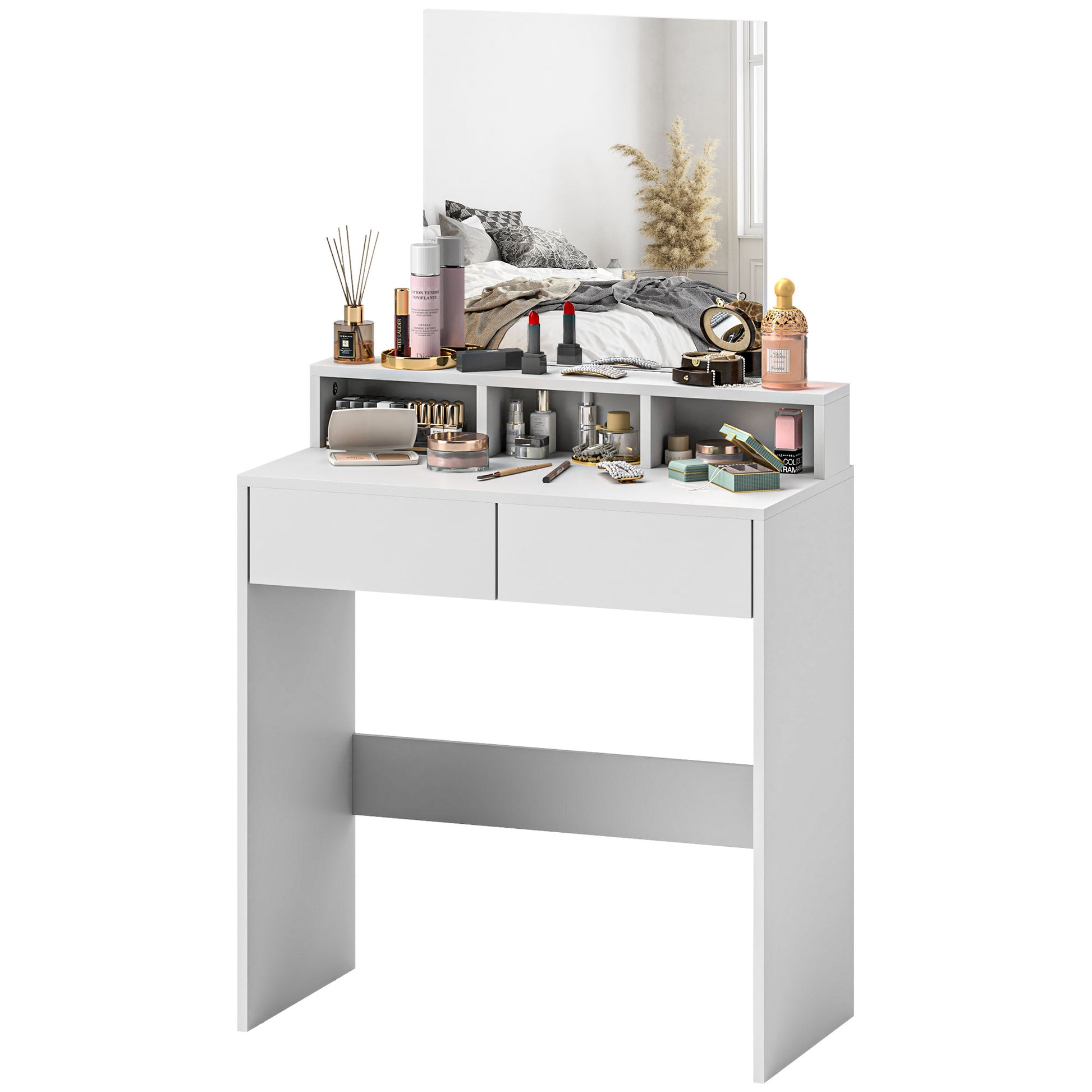 Makeup Vanity with Mirror Dressing Table with 2 Drawers 3 Compartments Vanity Table for Bedroom 75x38x135 cm White