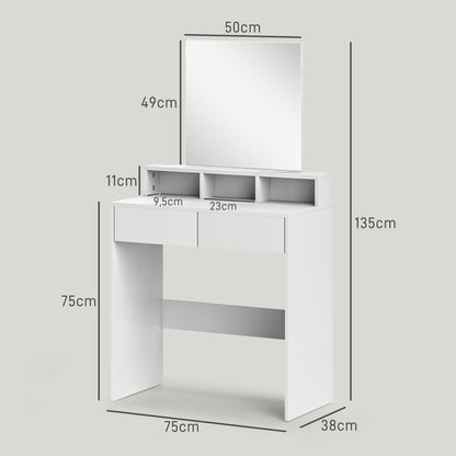 Makeup Vanity with Mirror Dressing Table with 2 Drawers 3 Compartments Vanity Table for Bedroom 75x38x135 cm White