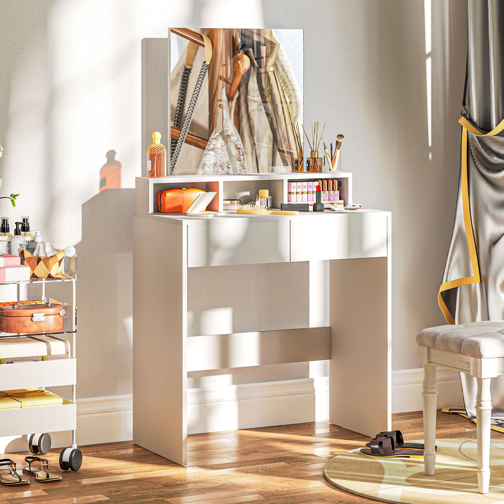 Makeup Vanity with Mirror Dressing Table with 2 Drawers 3 Compartments Vanity Table for Bedroom 75x38x135 cm White