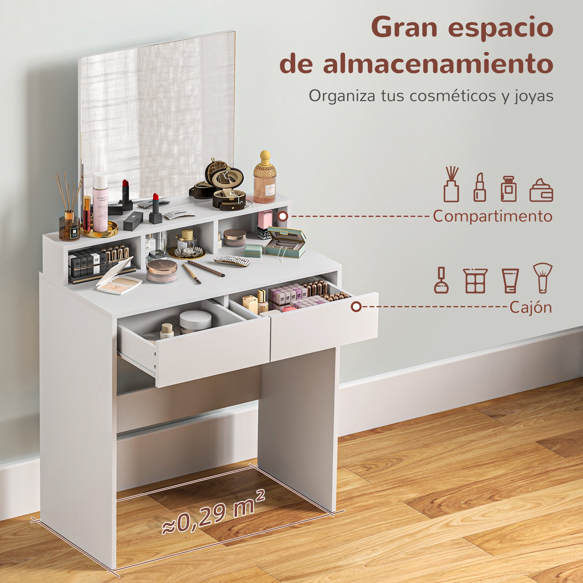 Makeup Vanity with Mirror Dressing Table with 2 Drawers 3 Compartments Vanity Table for Bedroom 75x38x135 cm White