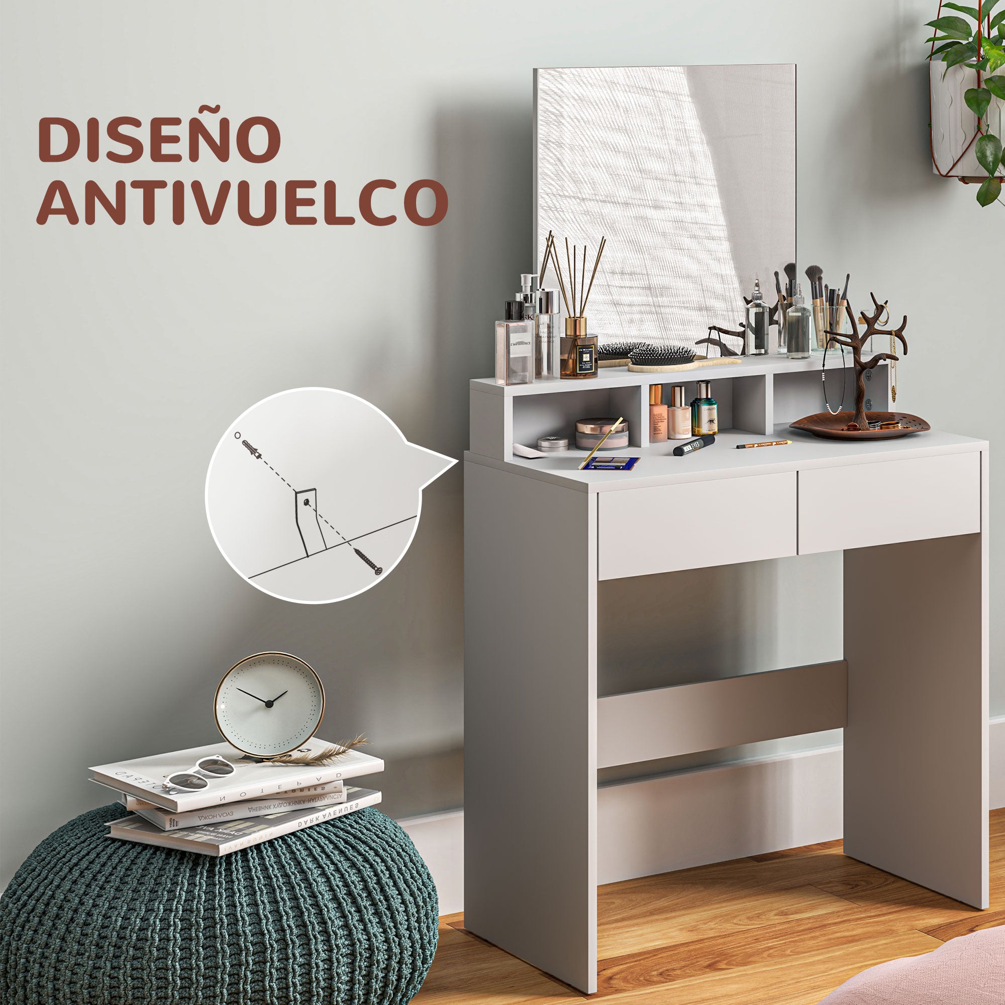 Makeup Vanity with Mirror Dressing Table with 2 Drawers 3 Compartments Vanity Table for Bedroom 75x38x135 cm White
