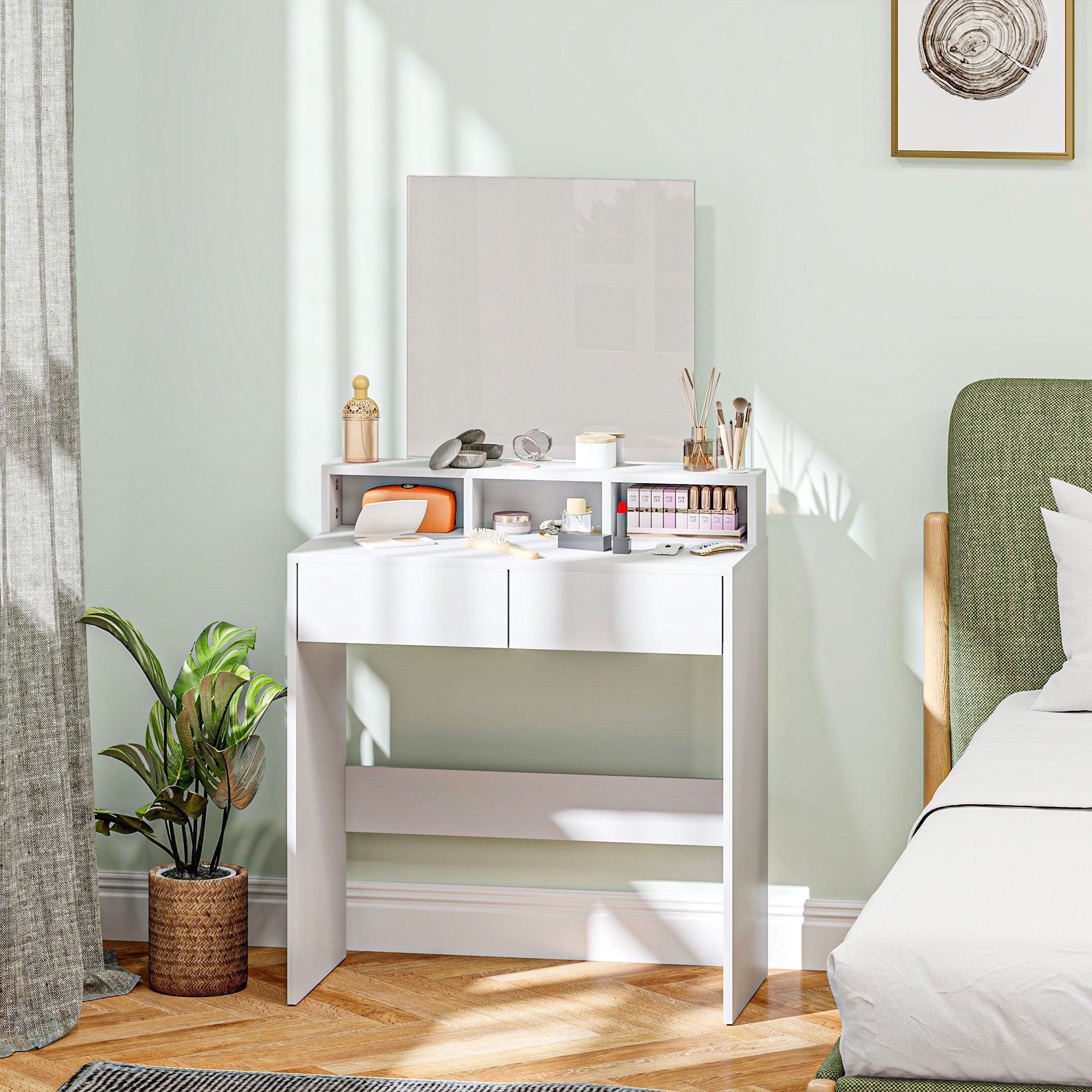 Makeup Vanity with Mirror Dressing Table with 2 Drawers 3 Compartments Vanity Table for Bedroom 75x38x135 cm White