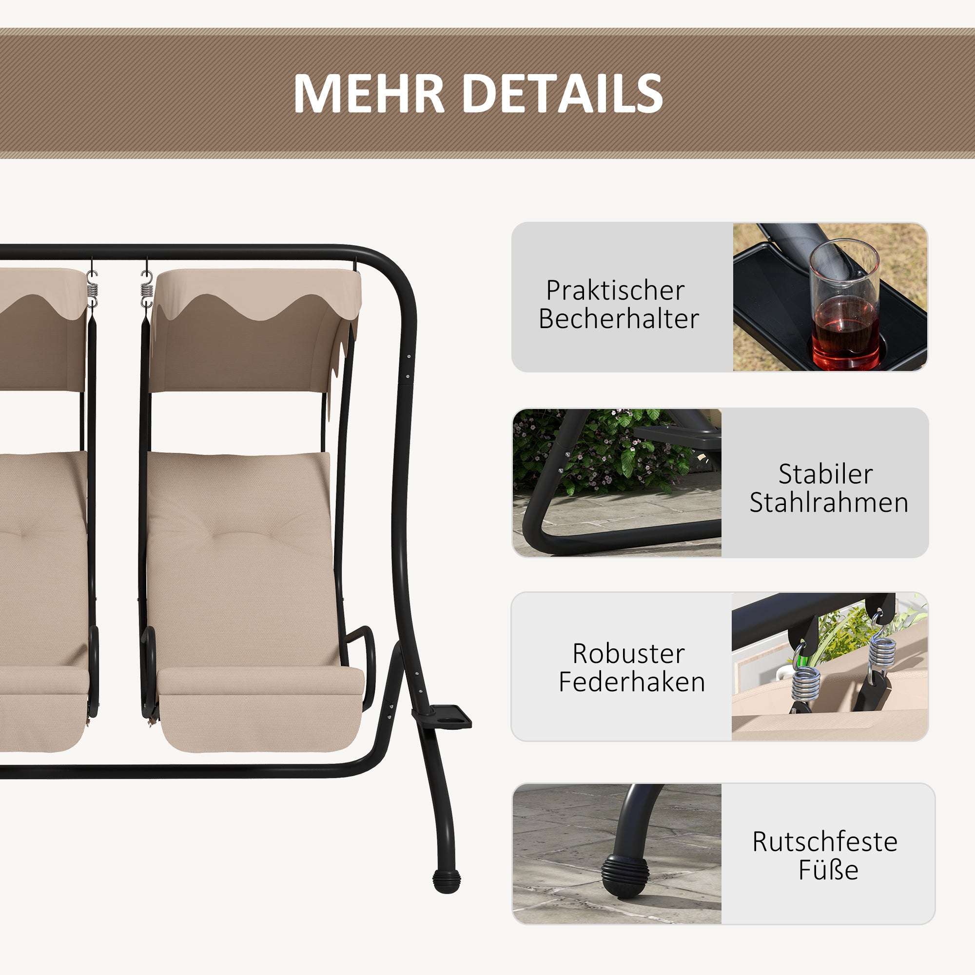 Hollywood Swing with Cup Holder and Seat Cushions, 2-Seater Garden Swing with Sunshade, Swing Bench Load up to 220 kg, Garden Lounger for Garden, Terrace, 170 x 136 x 170 cm, Beige