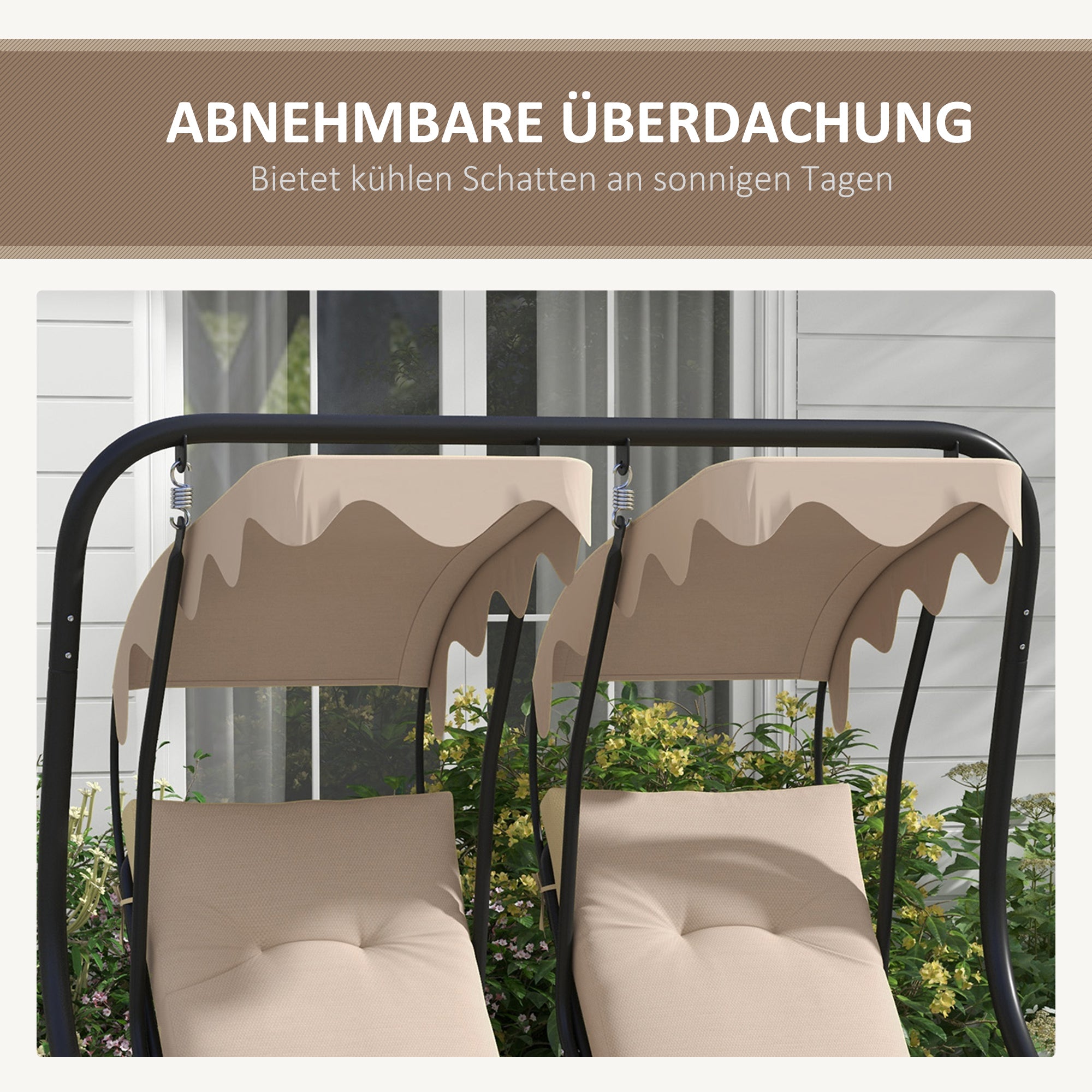 Hollywood Swing with Cup Holder and Seat Cushions, 2-Seater Garden Swing with Sunshade, Swing Bench Load up to 220 kg, Garden Lounger for Garden, Terrace, 170 x 136 x 170 cm, Beige