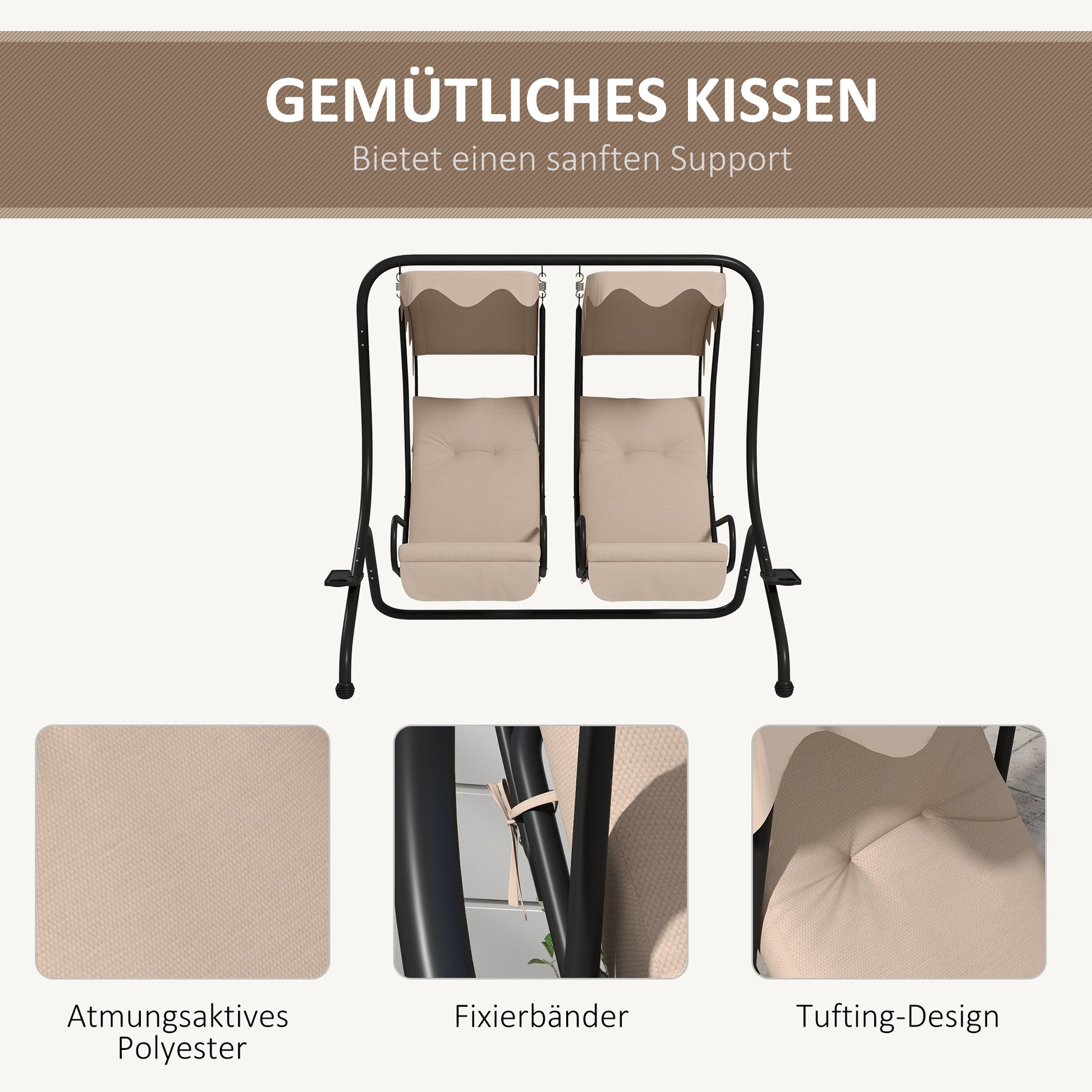 Hollywood Swing with Cup Holder and Seat Cushions, 2-Seater Garden Swing with Sunshade, Swing Bench Load up to 220 kg, Garden Lounger for Garden, Terrace, 170 x 136 x 170 cm, Beige