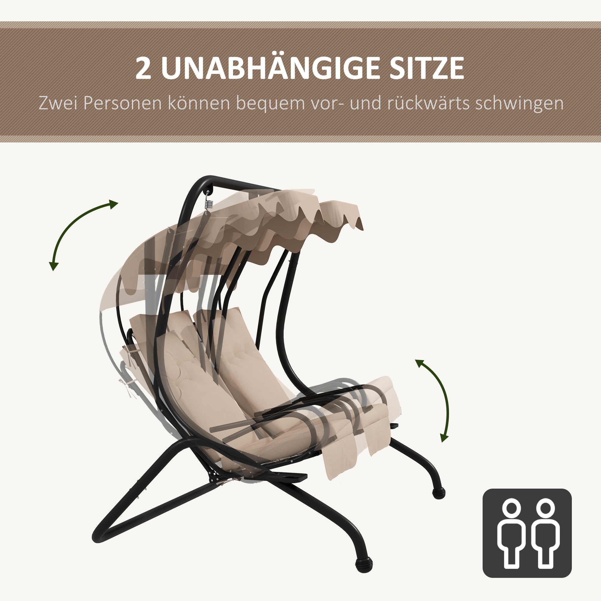 Hollywood Swing with Cup Holder and Seat Cushions, 2-Seater Garden Swing with Sunshade, Swing Bench Load up to 220 kg, Garden Lounger for Garden, Terrace, 170 x 136 x 170 cm, Beige