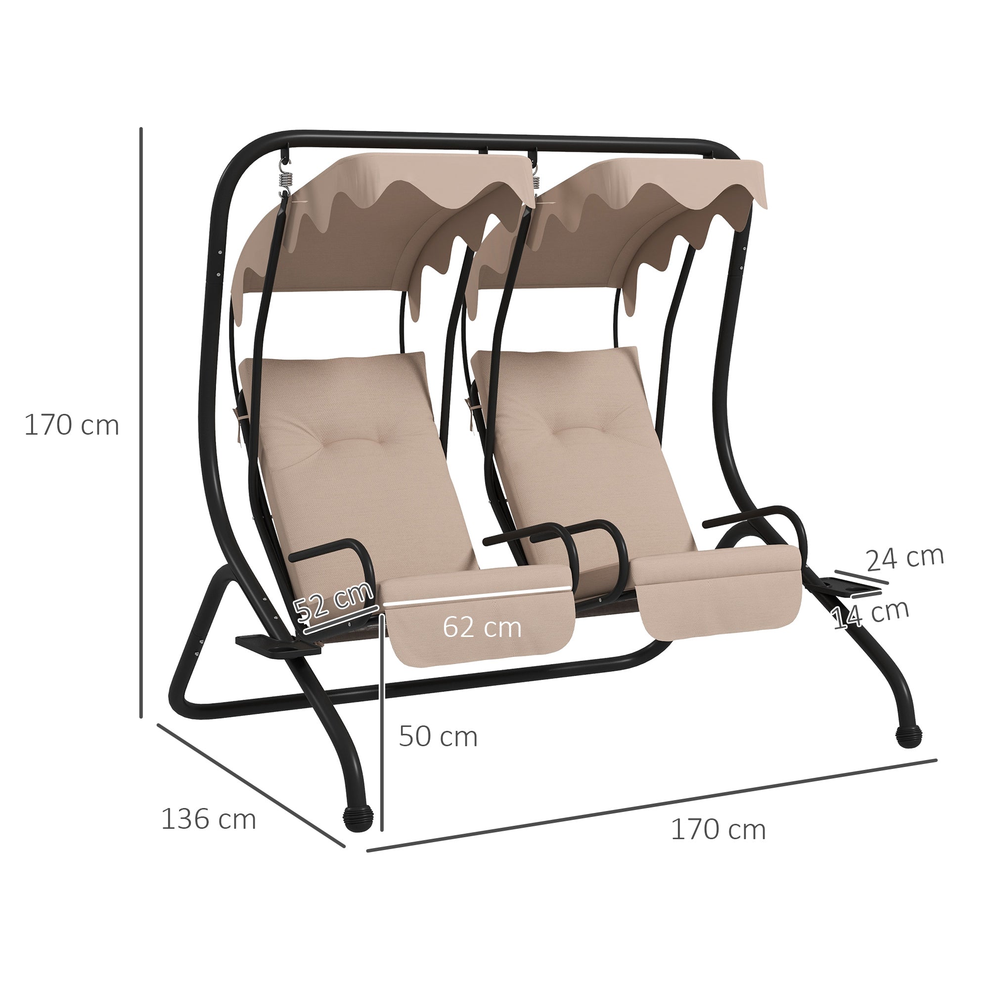Hollywood Swing with Cup Holder and Seat Cushions, 2-Seater Garden Swing with Sunshade, Swing Bench Load up to 220 kg, Garden Lounger for Garden, Terrace, 170 x 136 x 170 cm, Beige