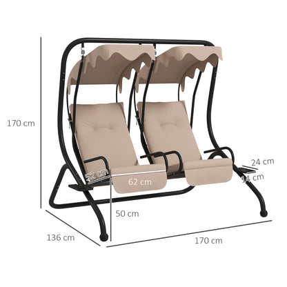 Hollywood Swing with Cup Holder and Seat Cushions, 2-Seater Garden Swing with Sunshade, Swing Bench Load up to 220 kg, Garden Lounger for Garden, Terrace, 170 x 136 x 170 cm, Beige