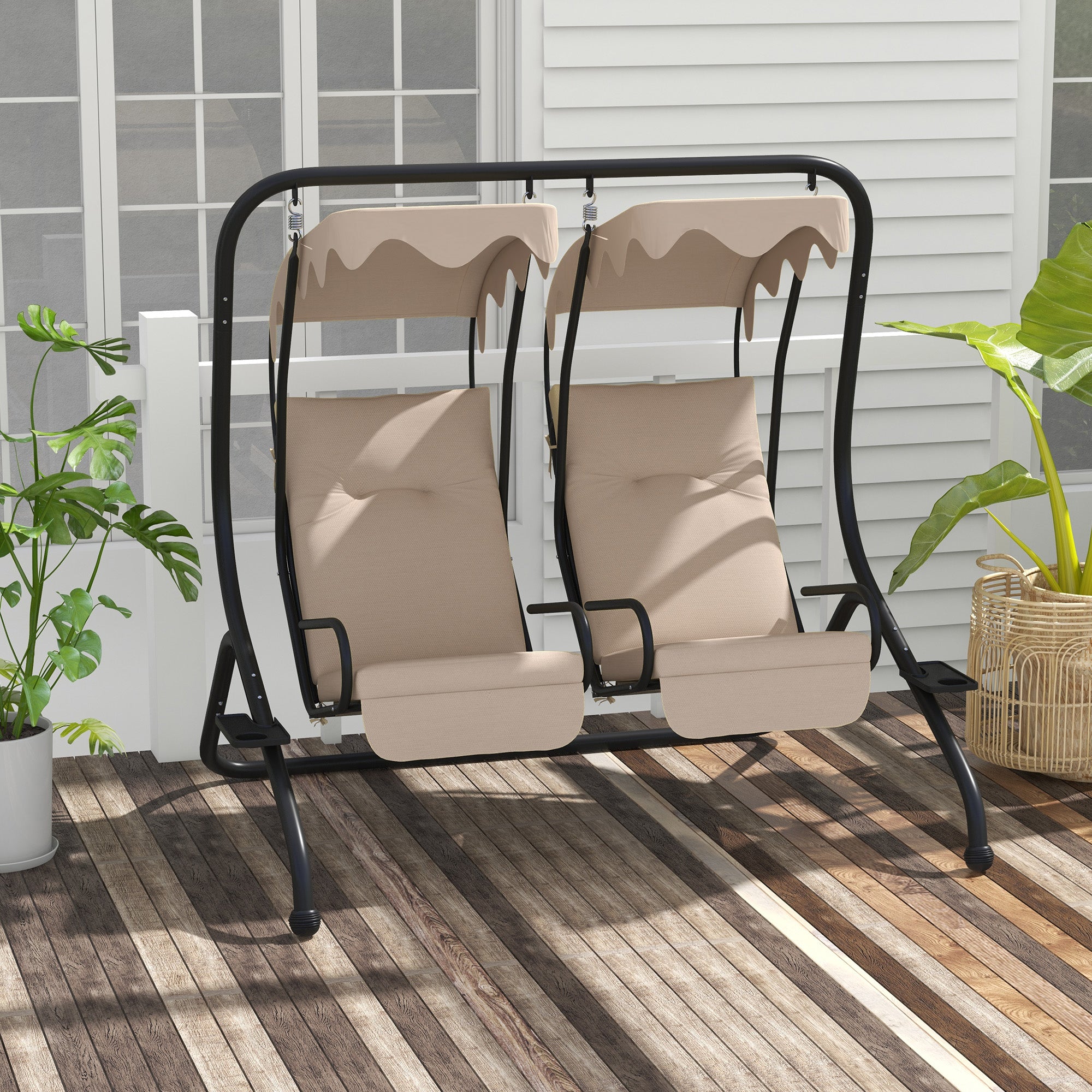 Hollywood Swing with Cup Holder and Seat Cushions, 2-Seater Garden Swing with Sunshade, Swing Bench Load up to 220 kg, Garden Lounger for Garden, Terrace, 170 x 136 x 170 cm, Beige