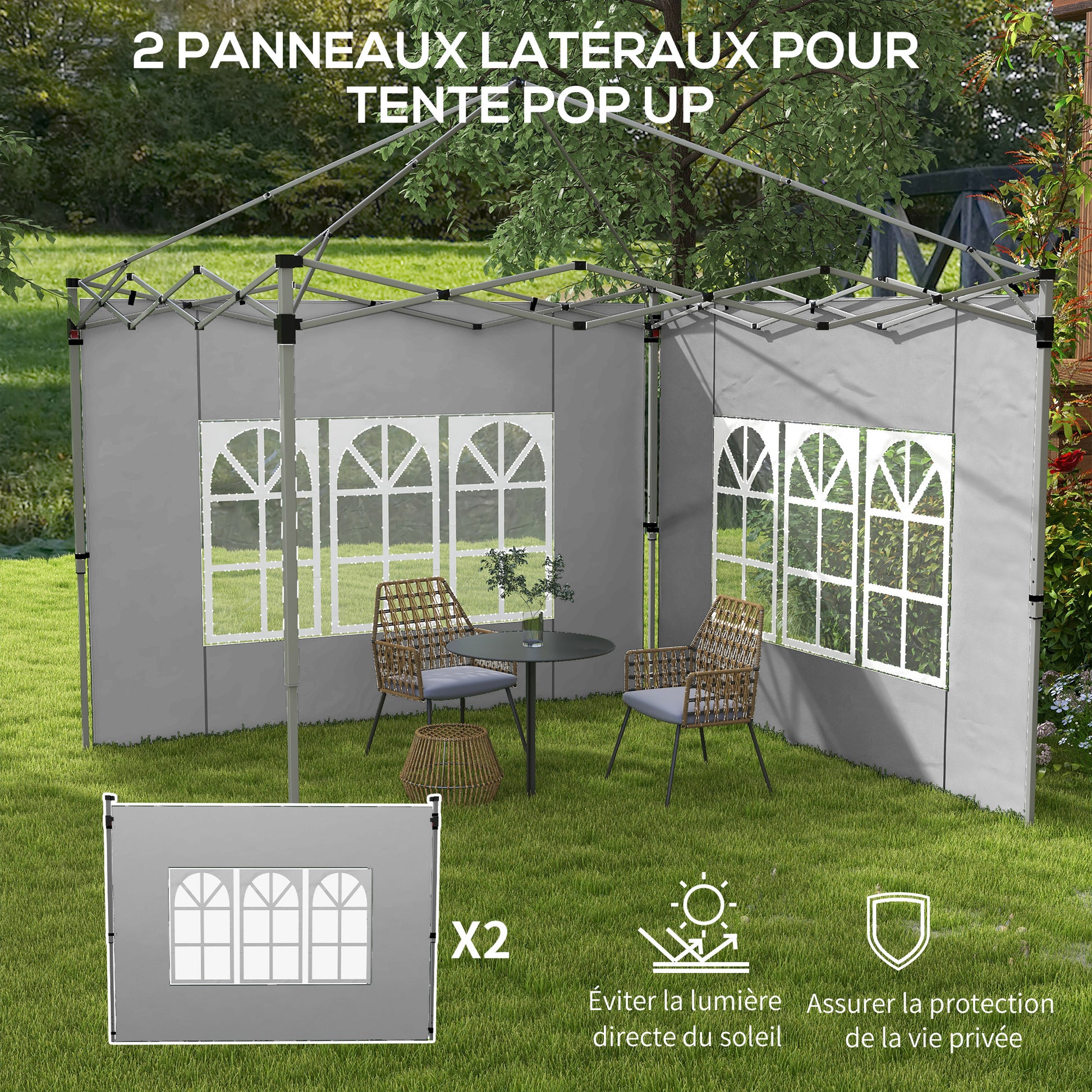 Set of 2 side walls for 3 x 3 m or 3 x 4 m gazebo, panel for pavilion, with window, in Oxford fabric, 295 x 195 cm, light gray