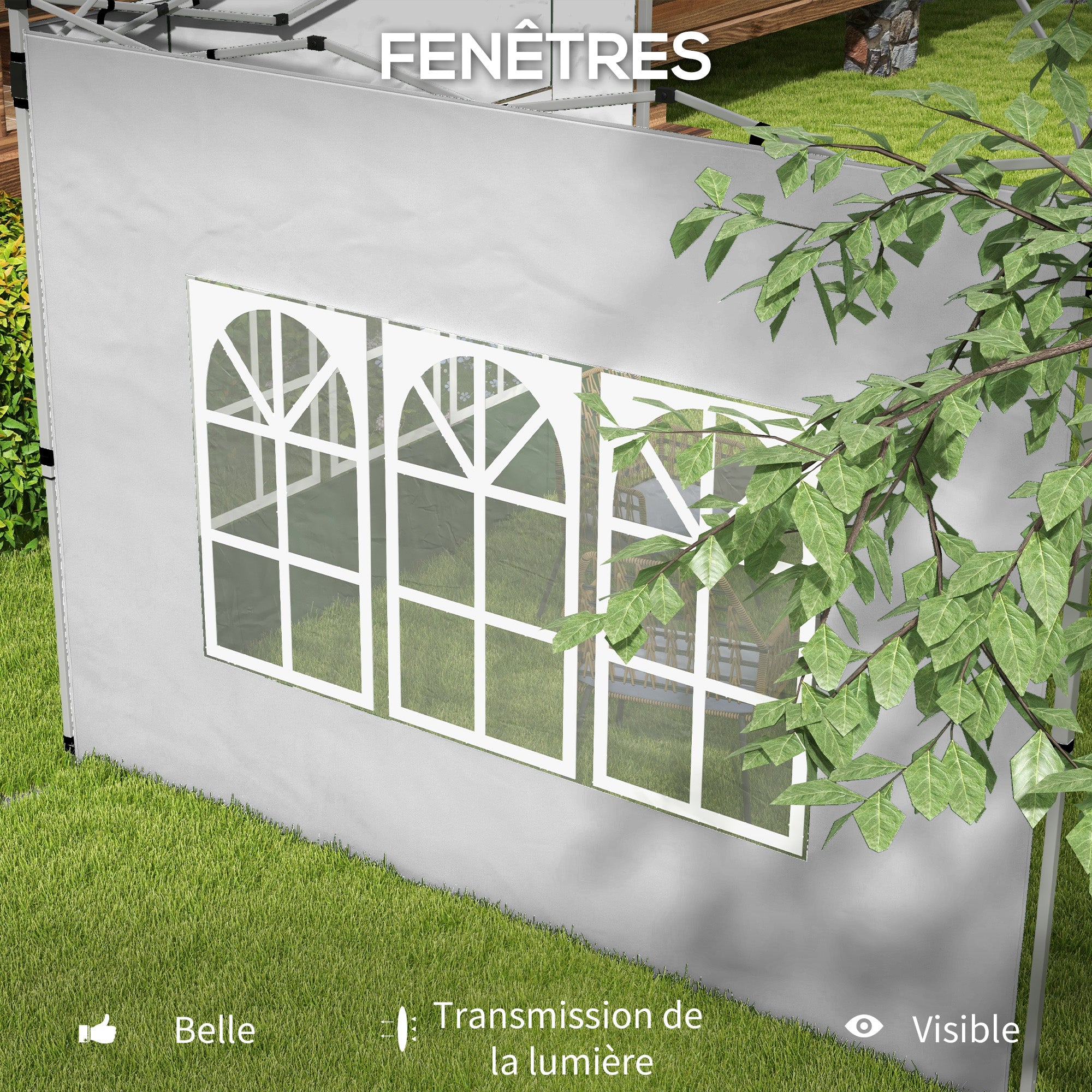 Set of 2 side walls for 3 x 3 m or 3 x 4 m gazebo, panel for pavilion, with window, in Oxford fabric, 295 x 195 cm, light gray