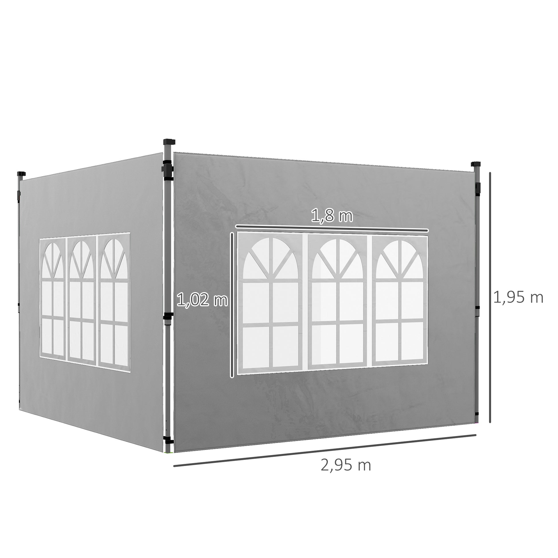 Set of 2 side walls for 3 x 3 m or 3 x 4 m gazebo, panel for pavilion, with window, in Oxford fabric, 295 x 195 cm, light gray