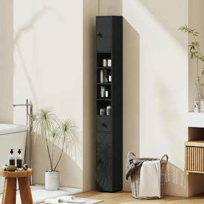 Slim Bathroom Cabinet, Tall Toilet Cupboard with Drawer and 4 Open Shelves, Space-Saving Bathroom & Living Room Storage, 8 x 8 x 71 in (20 x 20 x 180 cm), Black