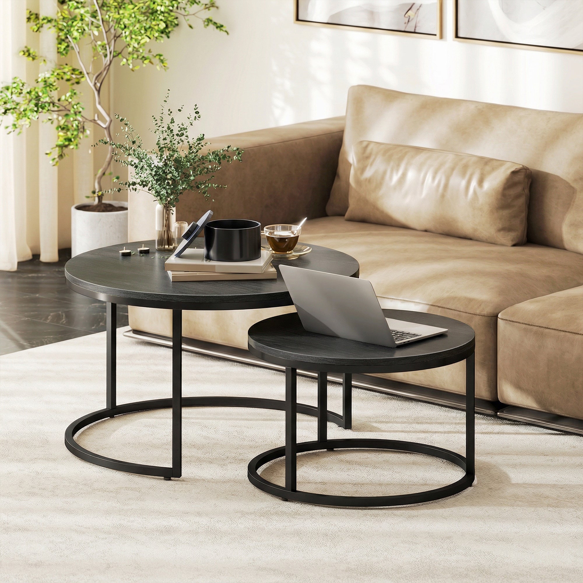 2-Piece Round Nesting Coffee Table Set with Metal Frame, Wood-Effect Tops, Black — 31.0 x 31.0 x 18.3 in