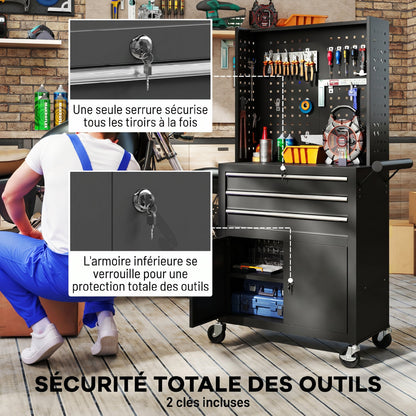 3-Drawer Steel Workshop Cart with Lockable Wheels, Adjustable Shelf & Pegboard - Black