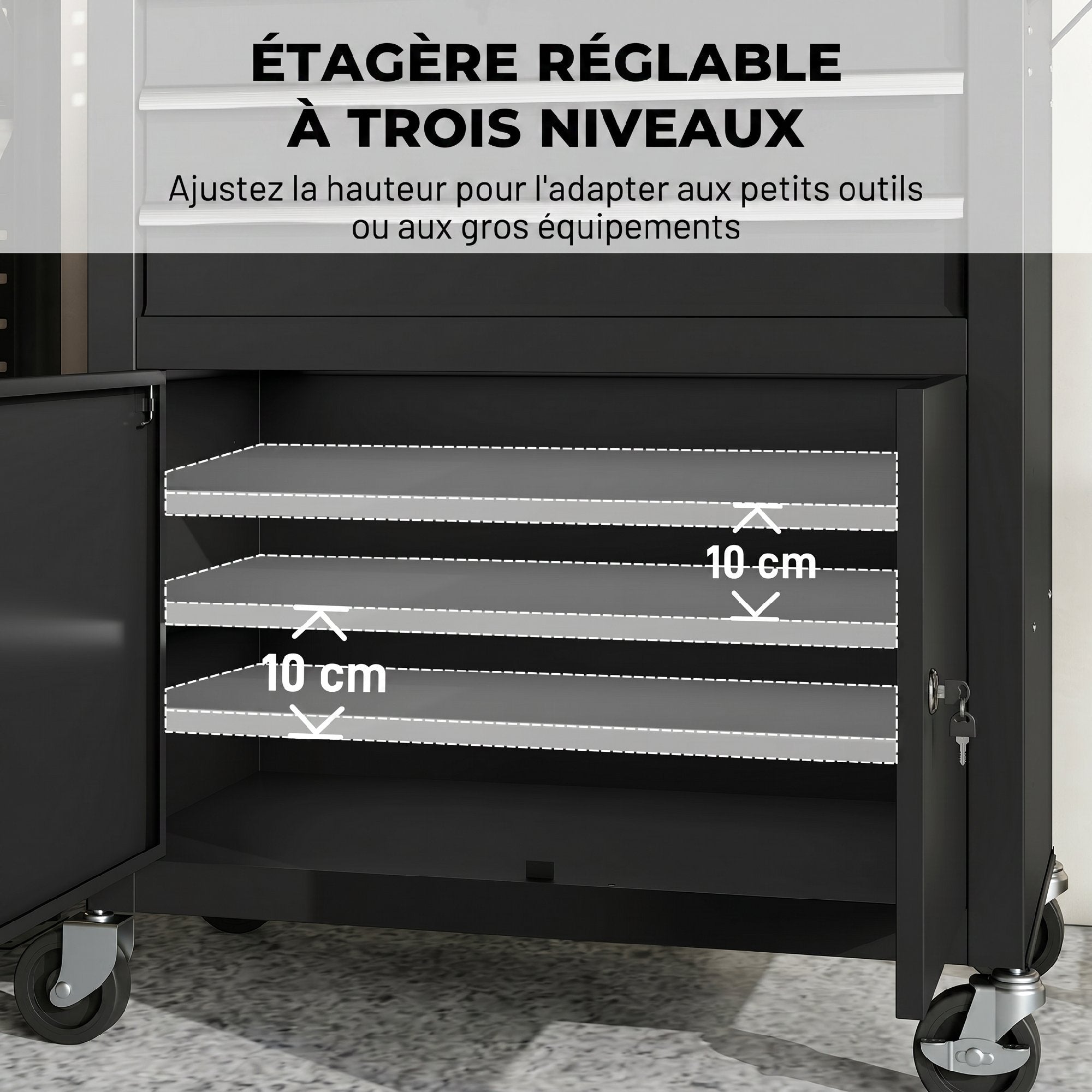3-Drawer Steel Workshop Cart with Lockable Wheels, Adjustable Shelf & Pegboard - Black