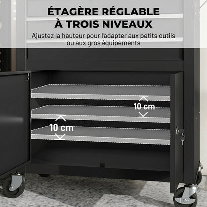 3-Drawer Steel Workshop Cart with Lockable Wheels, Adjustable Shelf & Pegboard - Black