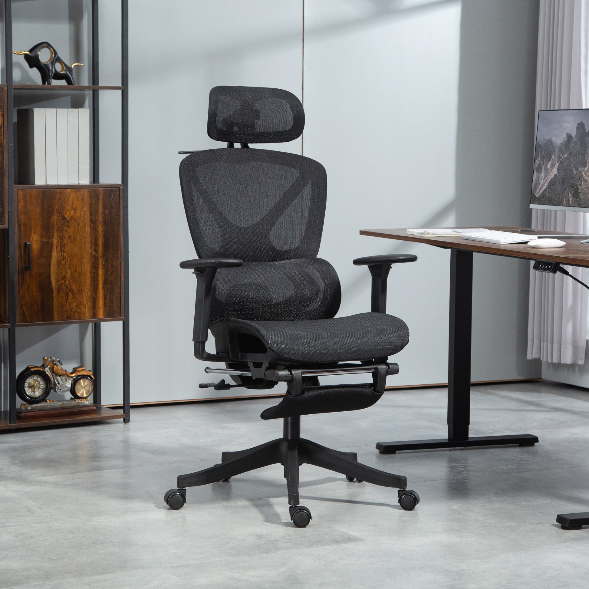 Office Chair Ergonomic Desk Chair with 3D Armrest, Lumbar Support, Headrest, Adjustable Height Mesh Swivel Chair with Tilt Function, Clothes Hanger, Reclining Feature, Footrest Black