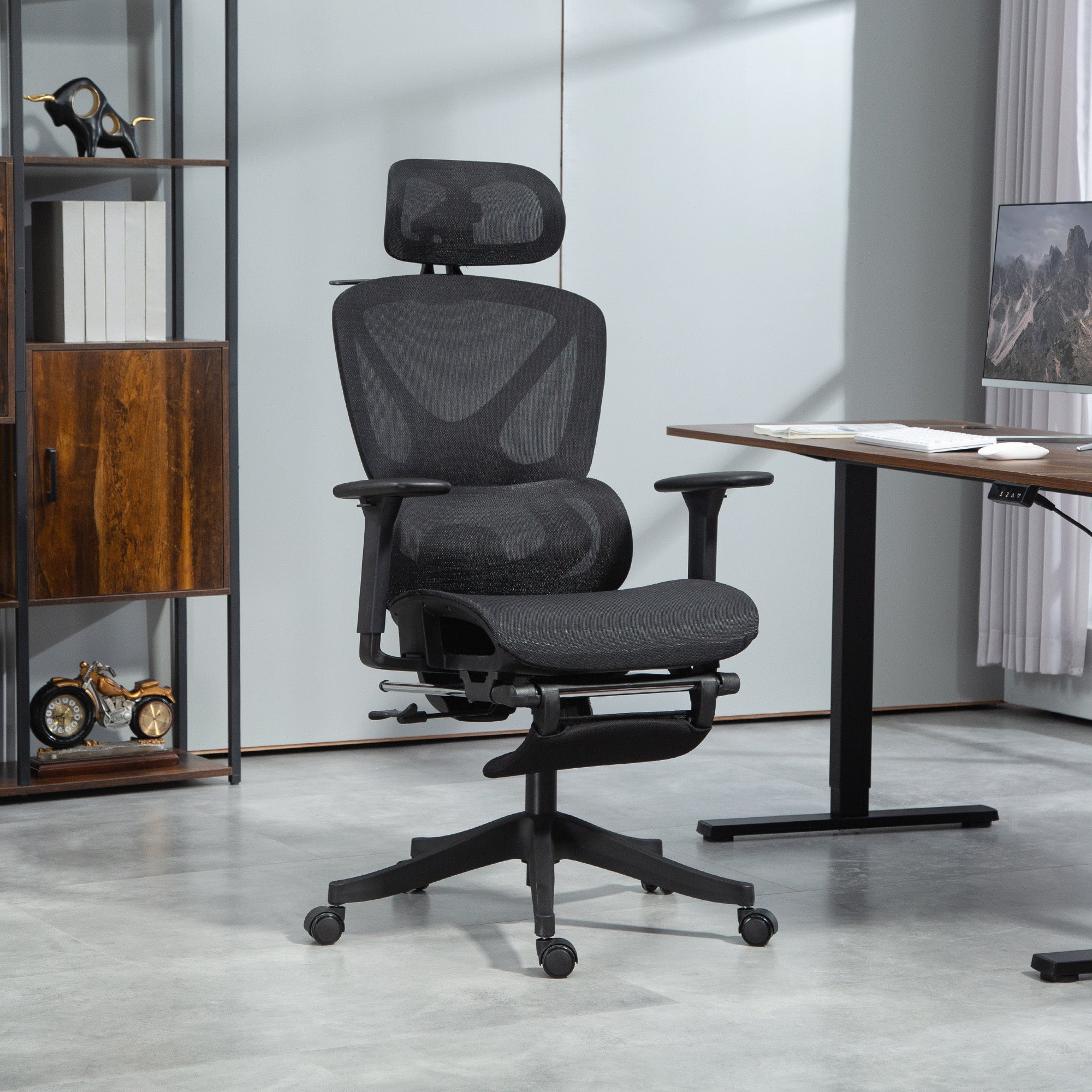 Office Chair Ergonomic Desk Chair with 3D Armrest, Lumbar Support, Headrest, Adjustable Height Mesh Swivel Chair with Tilt Function, Clothes Hanger, Reclining Feature, Footrest Black