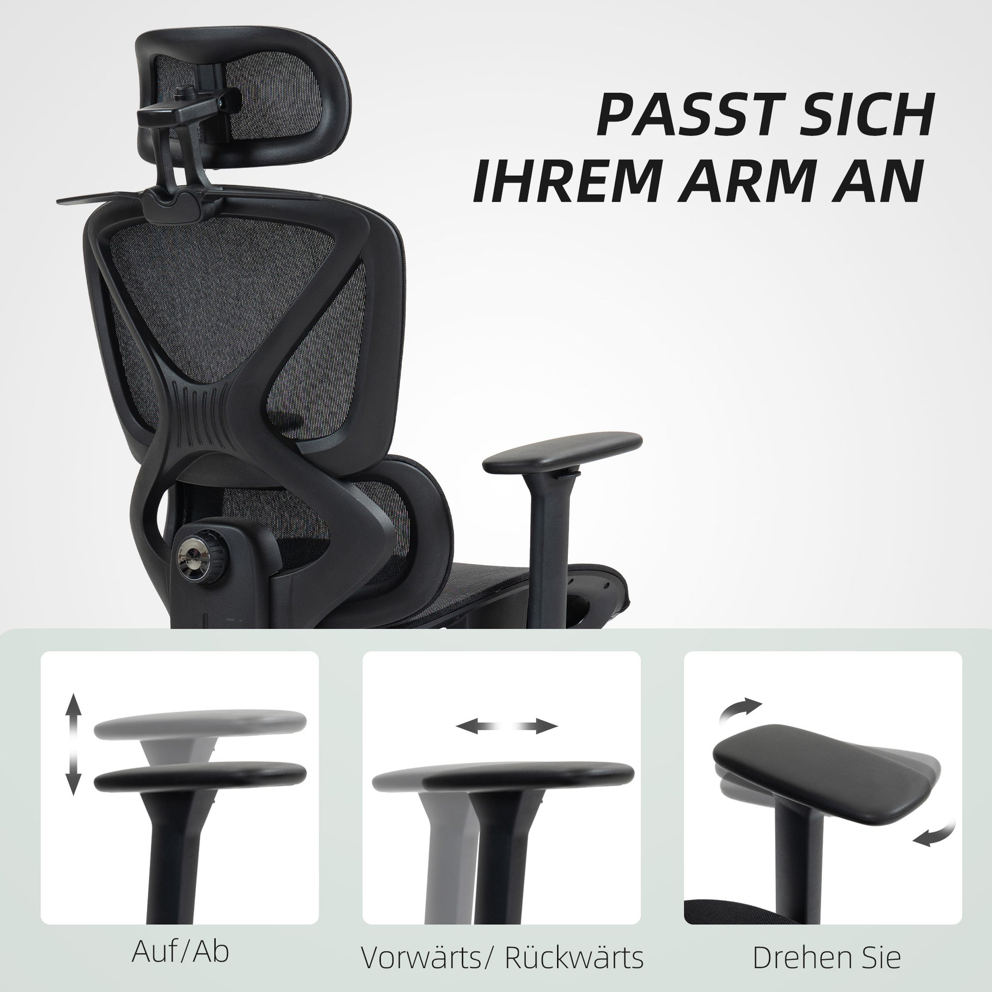 Office Chair Ergonomic Desk Chair with 3D Armrest, Lumbar Support, Headrest, Adjustable Height Mesh Swivel Chair with Tilt Function, Clothes Hanger, Reclining Feature, Footrest Black