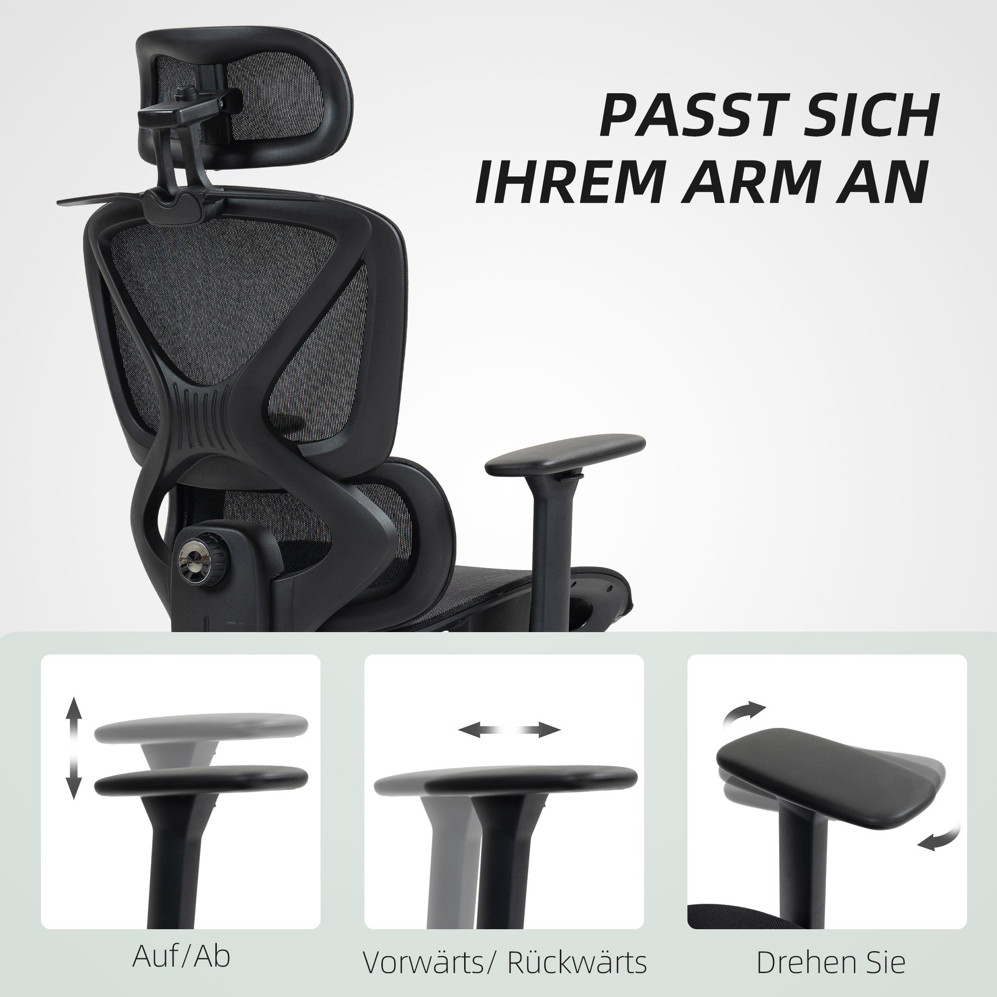 Office Chair Ergonomic Desk Chair with 3D Armrest, Lumbar Support, Headrest, Adjustable Height Mesh Swivel Chair with Tilt Function, Clothes Hanger, Reclining Feature, Footrest Black