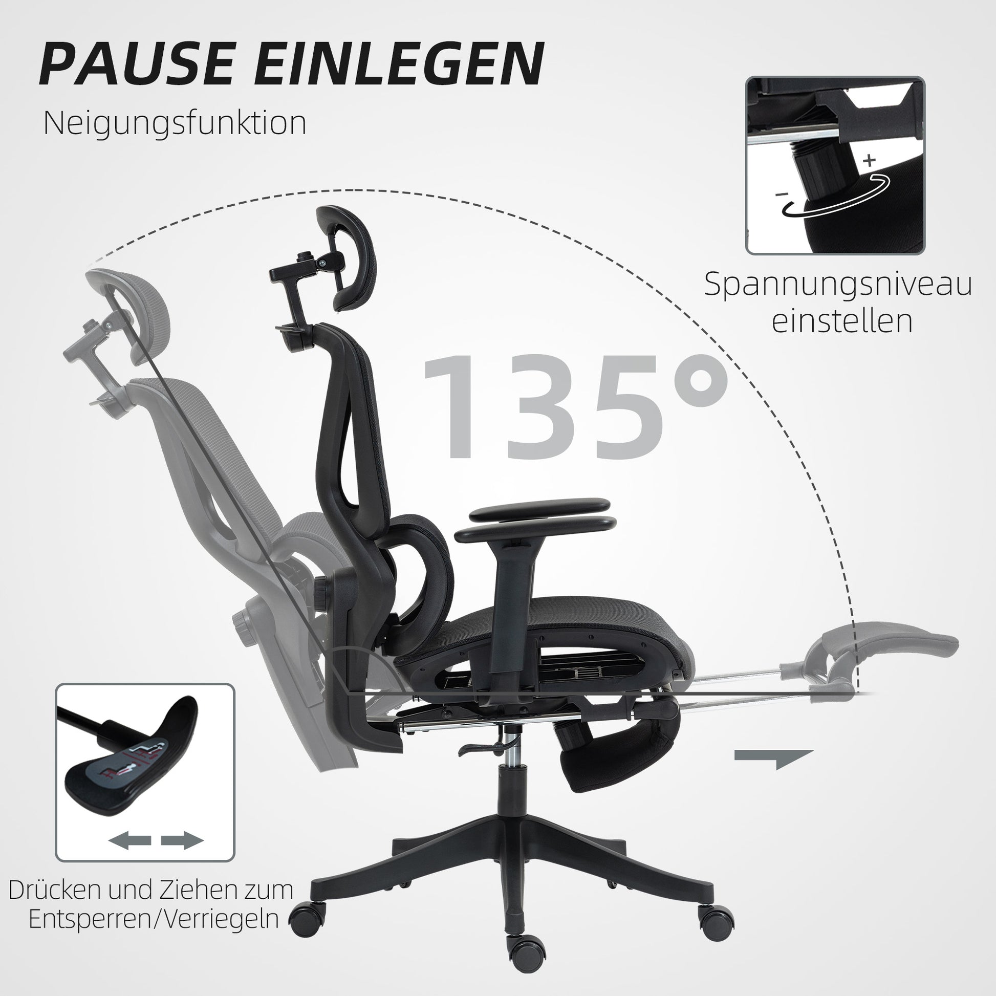 Office Chair Ergonomic Desk Chair with 3D Armrest, Lumbar Support, Headrest, Adjustable Height Mesh Swivel Chair with Tilt Function, Clothes Hanger, Reclining Feature, Footrest Black