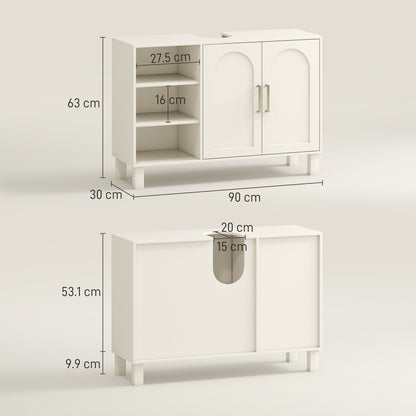 Under Sink Cabinet Bathroom Vanity Unit with Pedestal Modern Bathroom Cabinet with 2 Doors and Adjustable Shelves 90x30x63 cm Cream