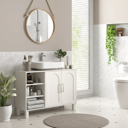 Under Sink Cabinet Bathroom Vanity Unit with Pedestal Modern Bathroom Cabinet with 2 Doors and Adjustable Shelves 90x30x63 cm Cream