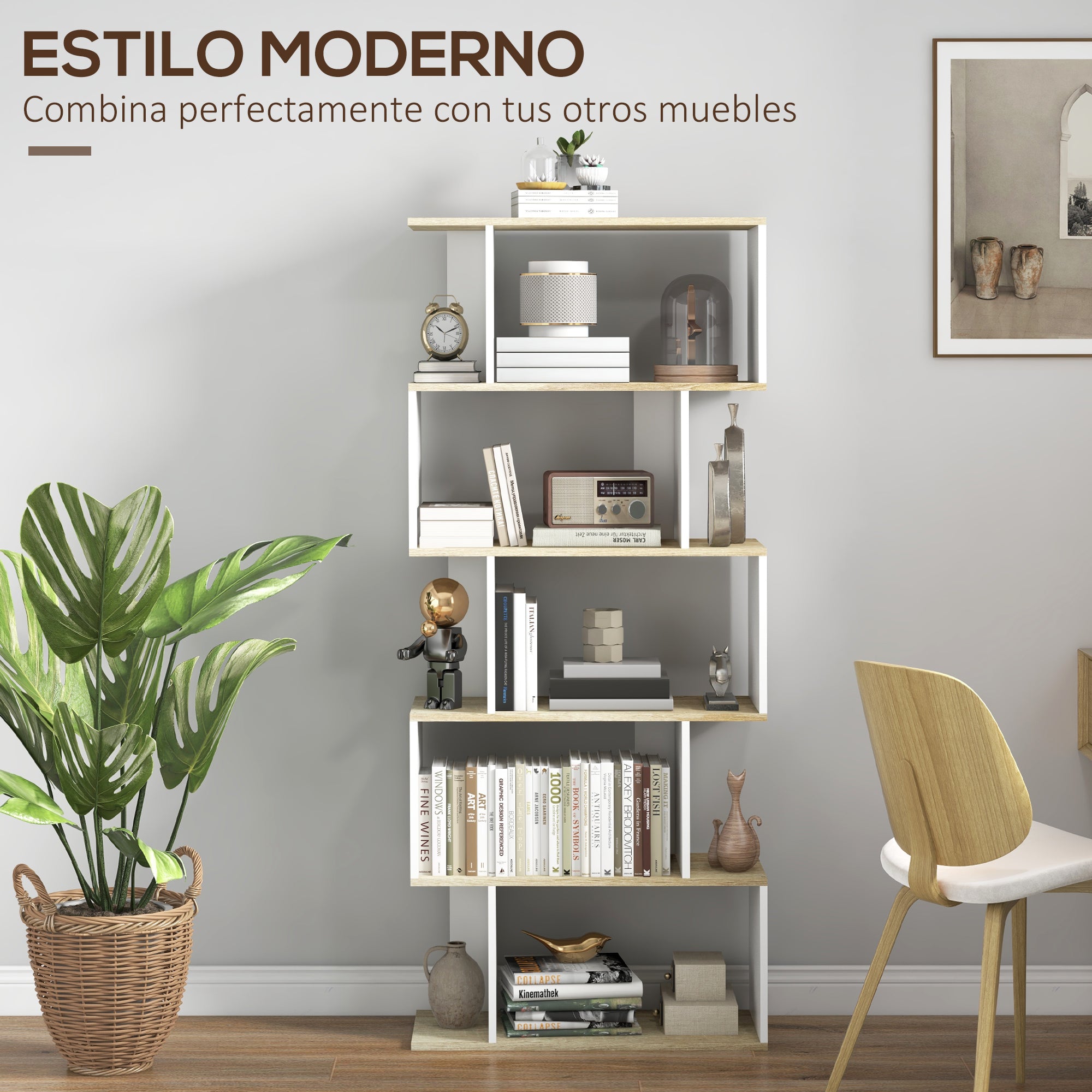 Nordic Style Bookcase with 5 Anti-Tip Shelves Load 25 kg for Study Office Living Room 70x29.5x163 cm Oak and White