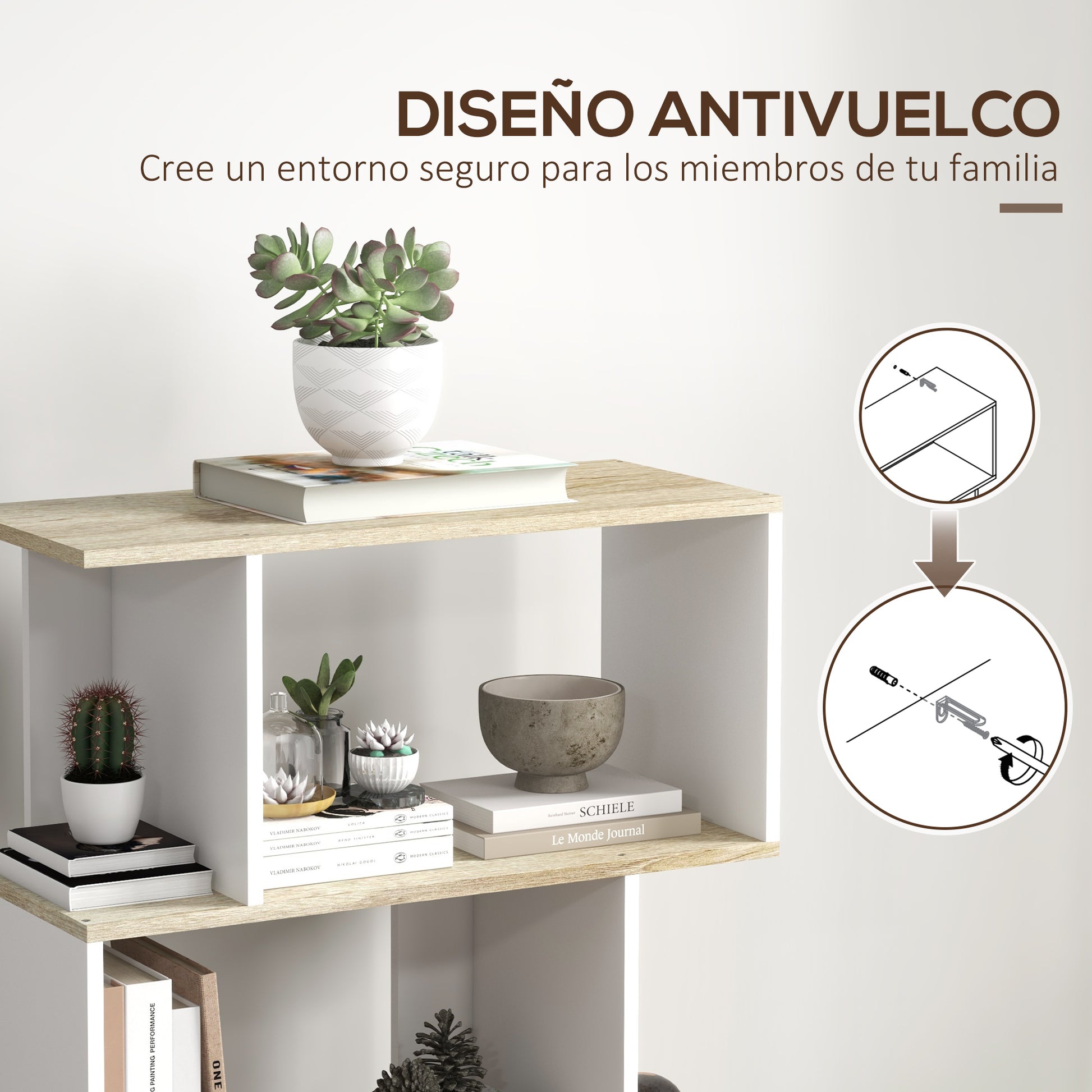 Nordic Style Bookcase with 5 Anti-Tip Shelves Load 25 kg for Study Office Living Room 70x29.5x163 cm Oak and White