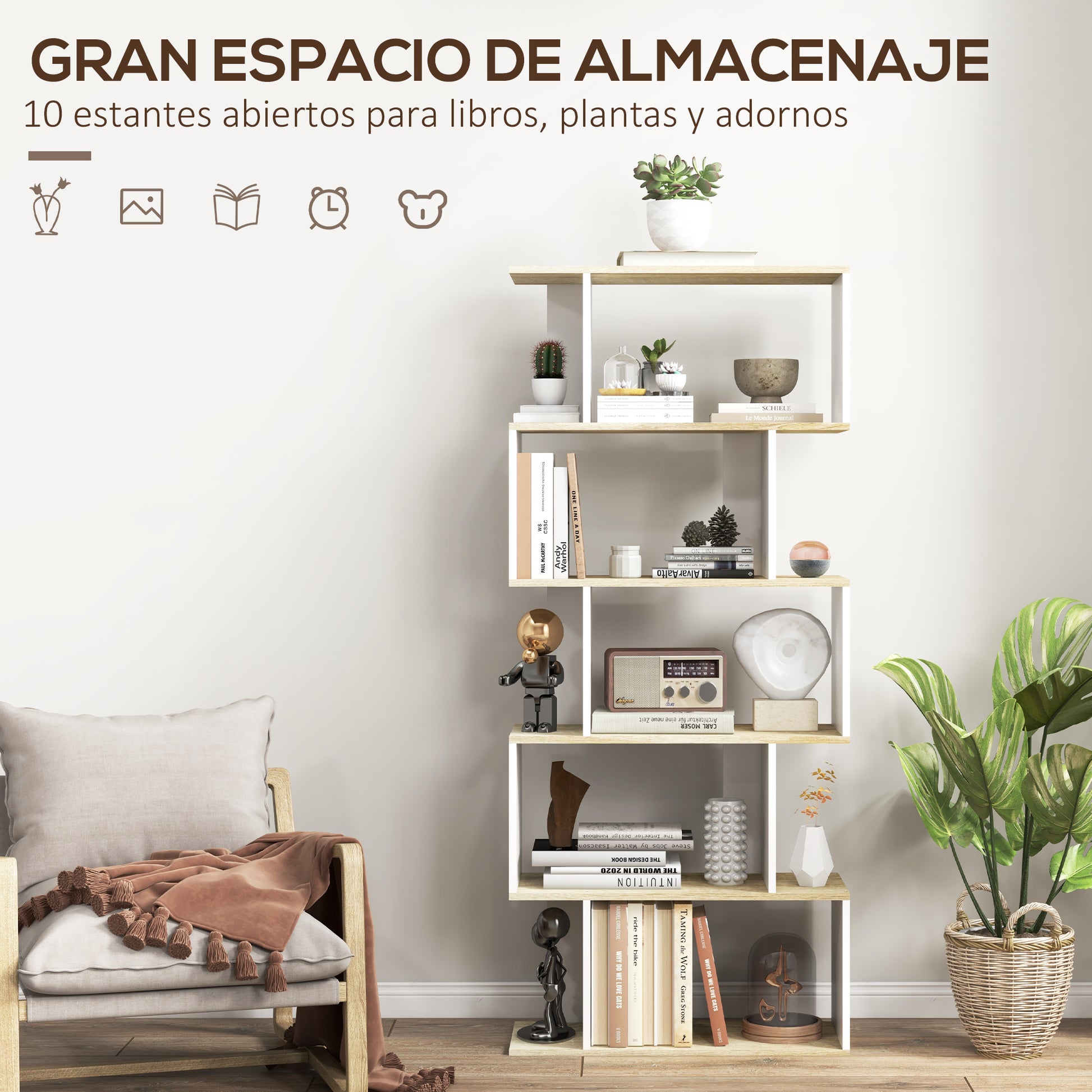 Nordic Style Bookcase with 5 Anti-Tip Shelves Load 25 kg for Study Office Living Room 70x29.5x163 cm Oak and White