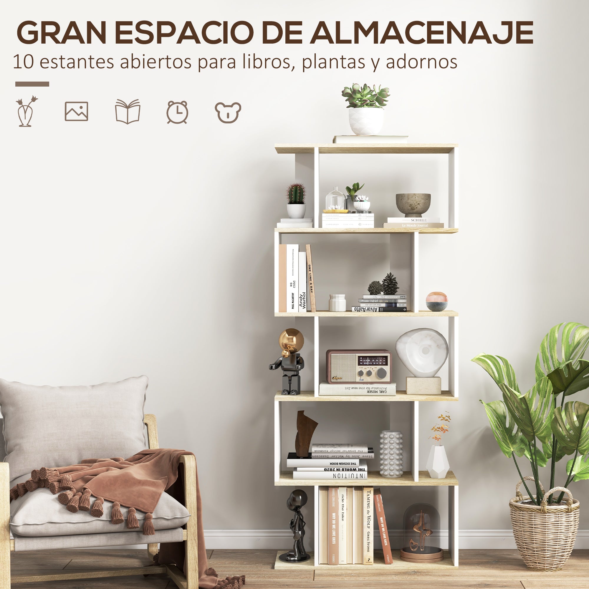Nordic Style Bookcase with 5 Anti-Tip Shelves Load 25 kg for Study Office Living Room 70x29.5x163 cm Oak and White