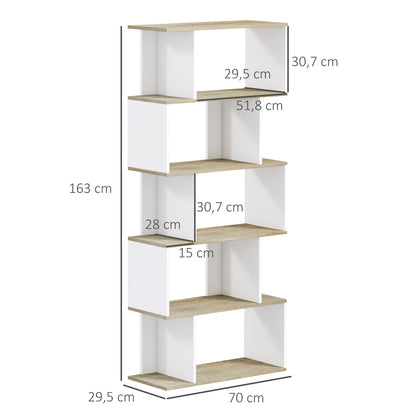 Nordic Style Bookcase with 5 Anti-Tip Shelves Load 25 kg for Study Office Living Room 70x29.5x163 cm Oak and White